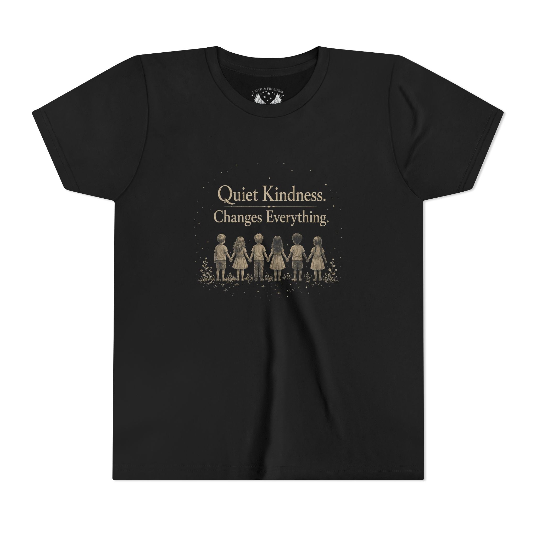 Youth “Quiet Kindness Changes Everything” Tee – Kids Inspirational T-Shirt with Earth & Friends Graphic