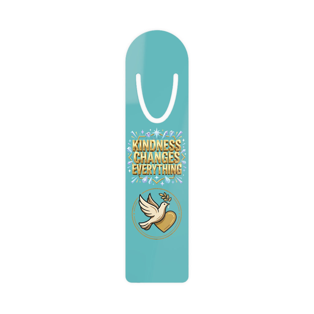 Inspirational turquoise aluminum bookmark featuring a peace dove and the message “Kindness Changes Everything,” with brushed metal backing and secure page-holding slot for books, journals, and devotionals.