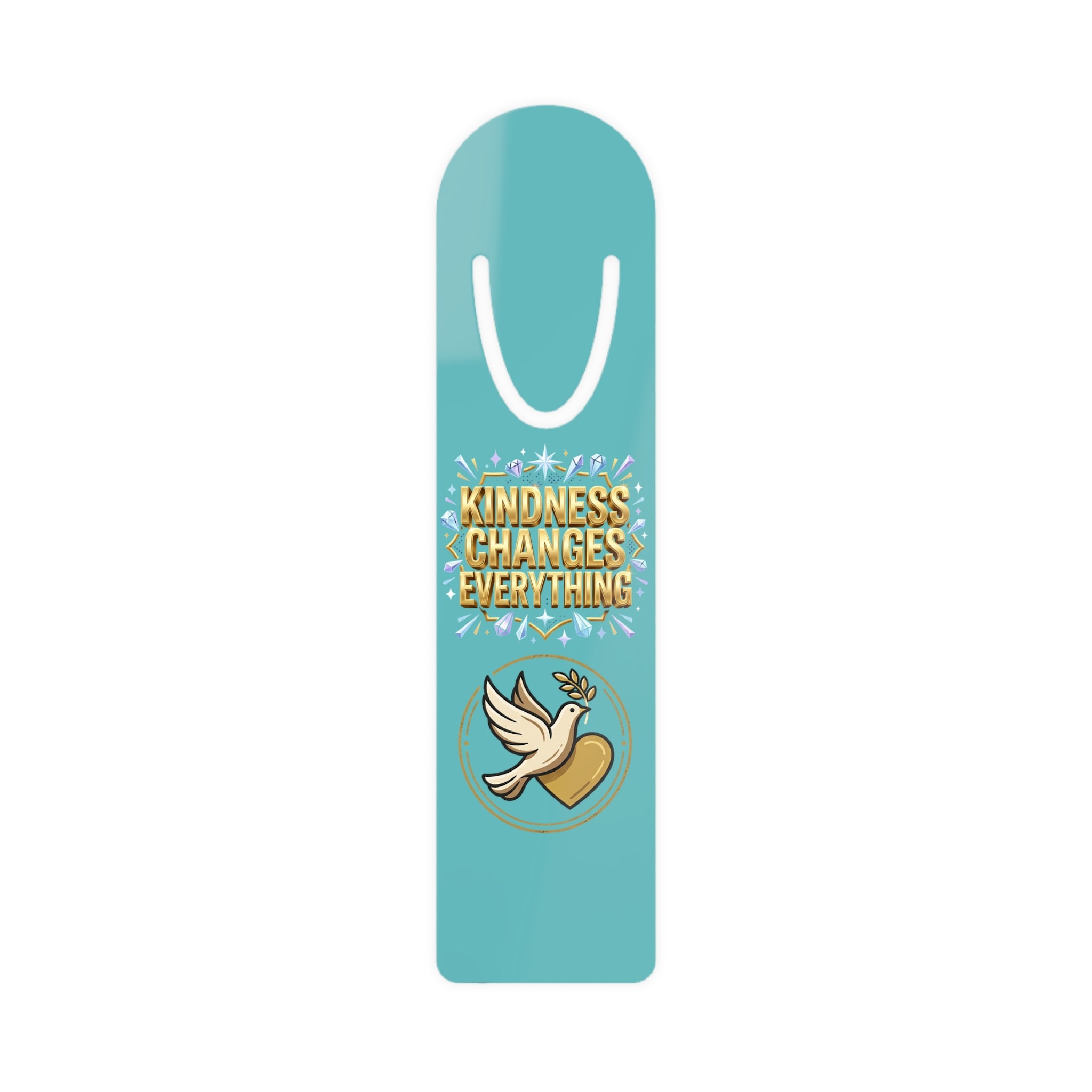Inspirational turquoise aluminum bookmark featuring a peace dove and the message “Kindness Changes Everything,” with brushed metal backing and secure page-holding slot for books, journals, and devotionals.
