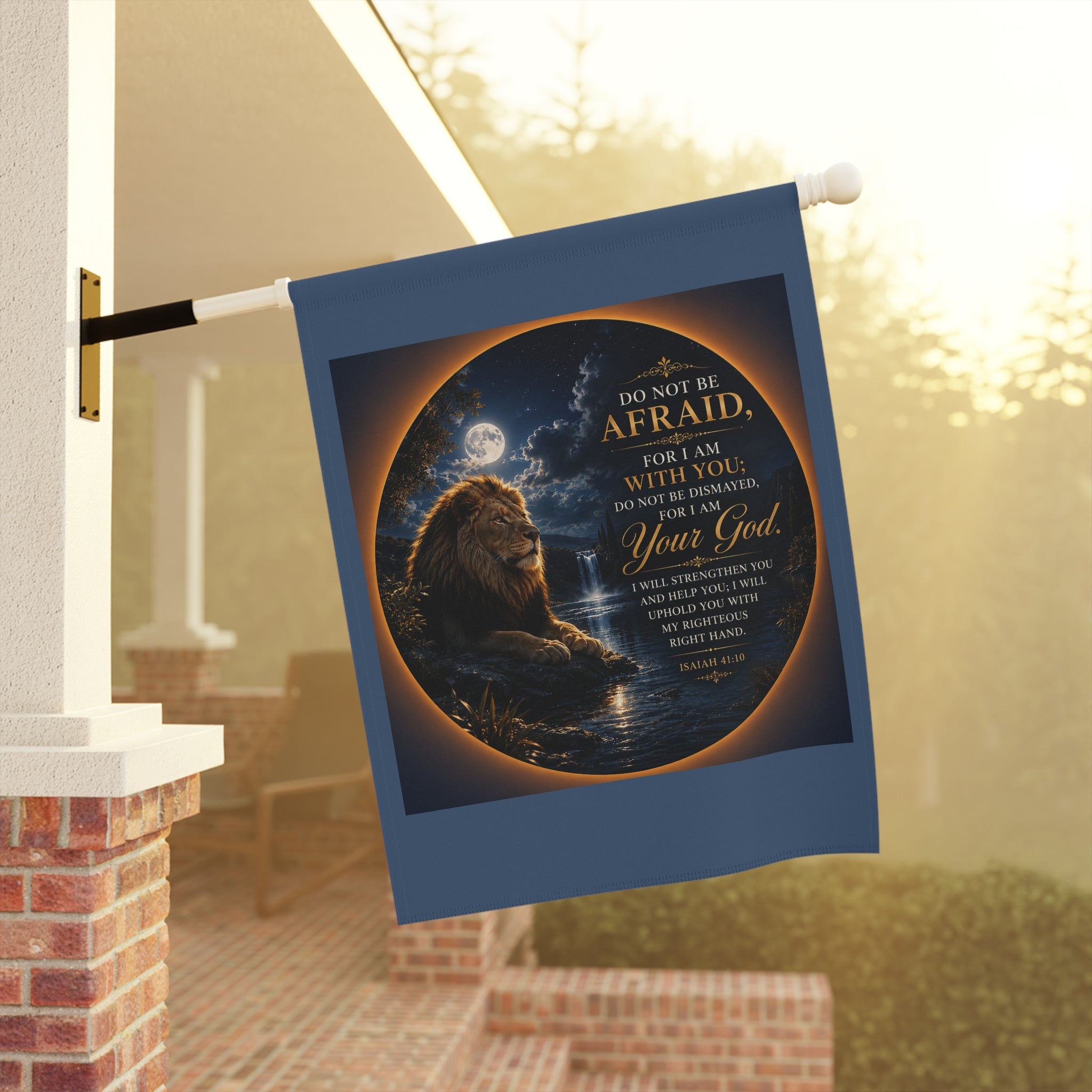 Inspirational Christian garden flag featuring a resting lion beside a reflective pool under moonlight with the phrase “Do Not Be Afraid” in elegant lettering.