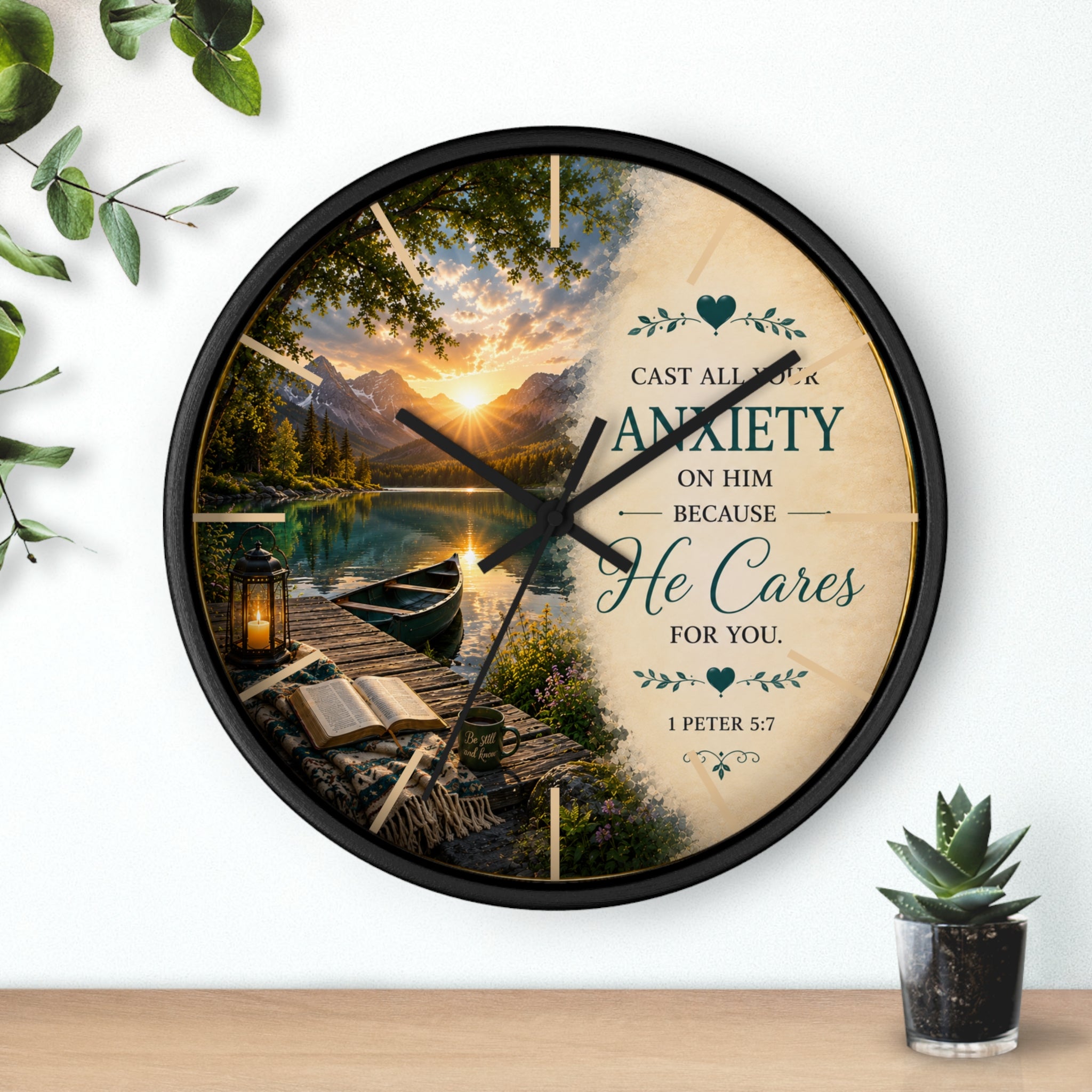 Inspirational Christian wall clock featuring a peaceful lakeside sunrise with a dock, canoe, and 1 Peter 5:7 scripture about casting anxiety on Him.
