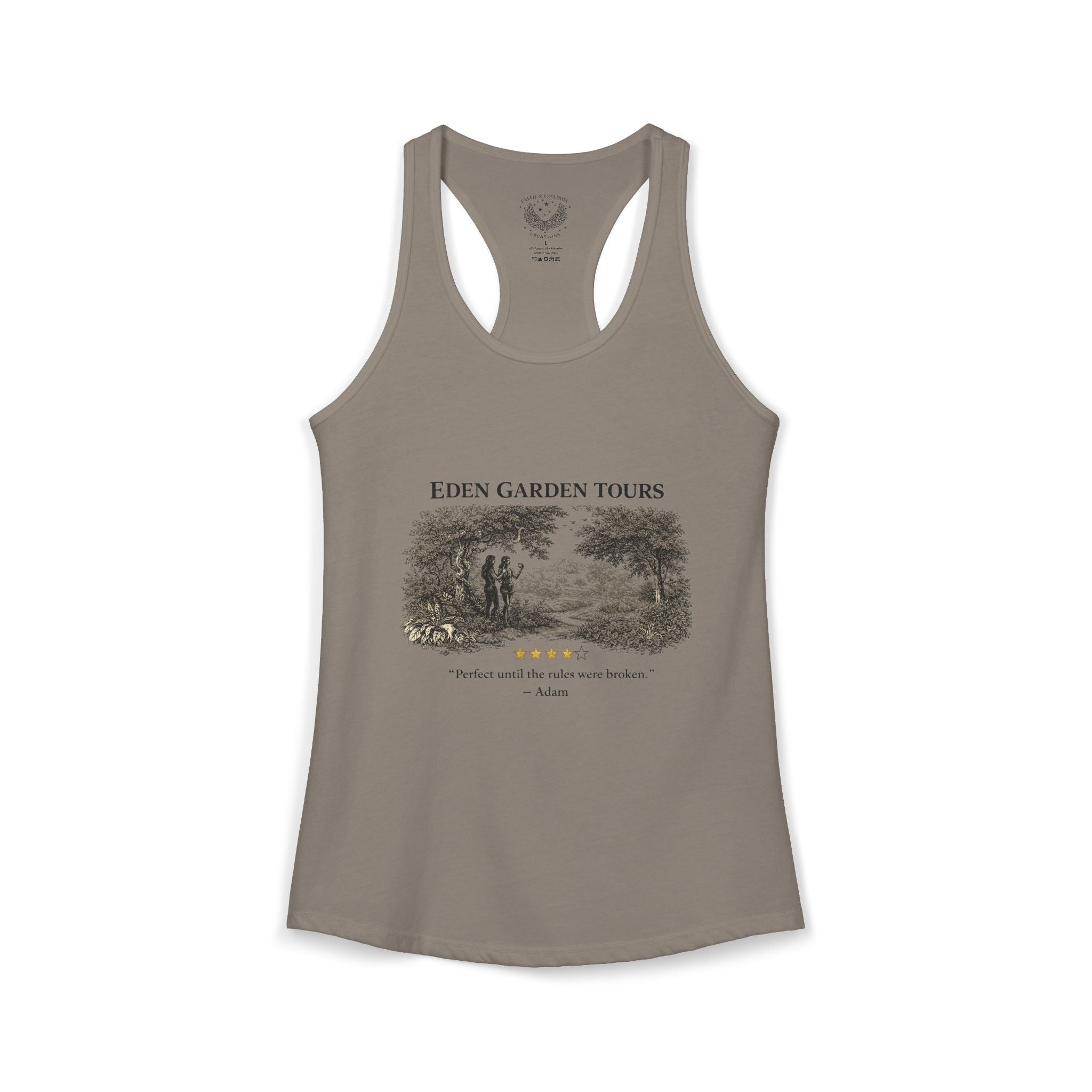Eden Garden Tours Women's Racerback Tank — 'Adam's Review' Graphic