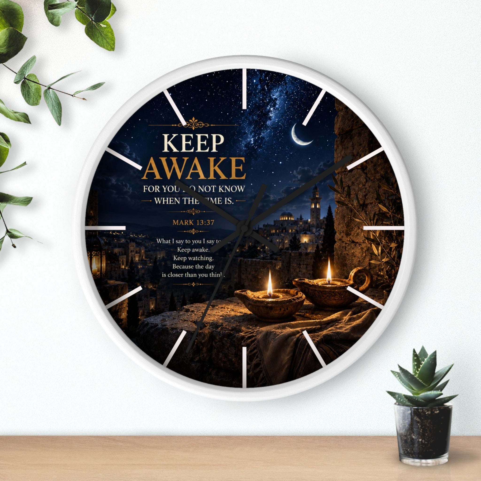 Keep Awake Wall Clock | Mark 13:37 Christian Nightscape Clock | Inspirational Faith Decor