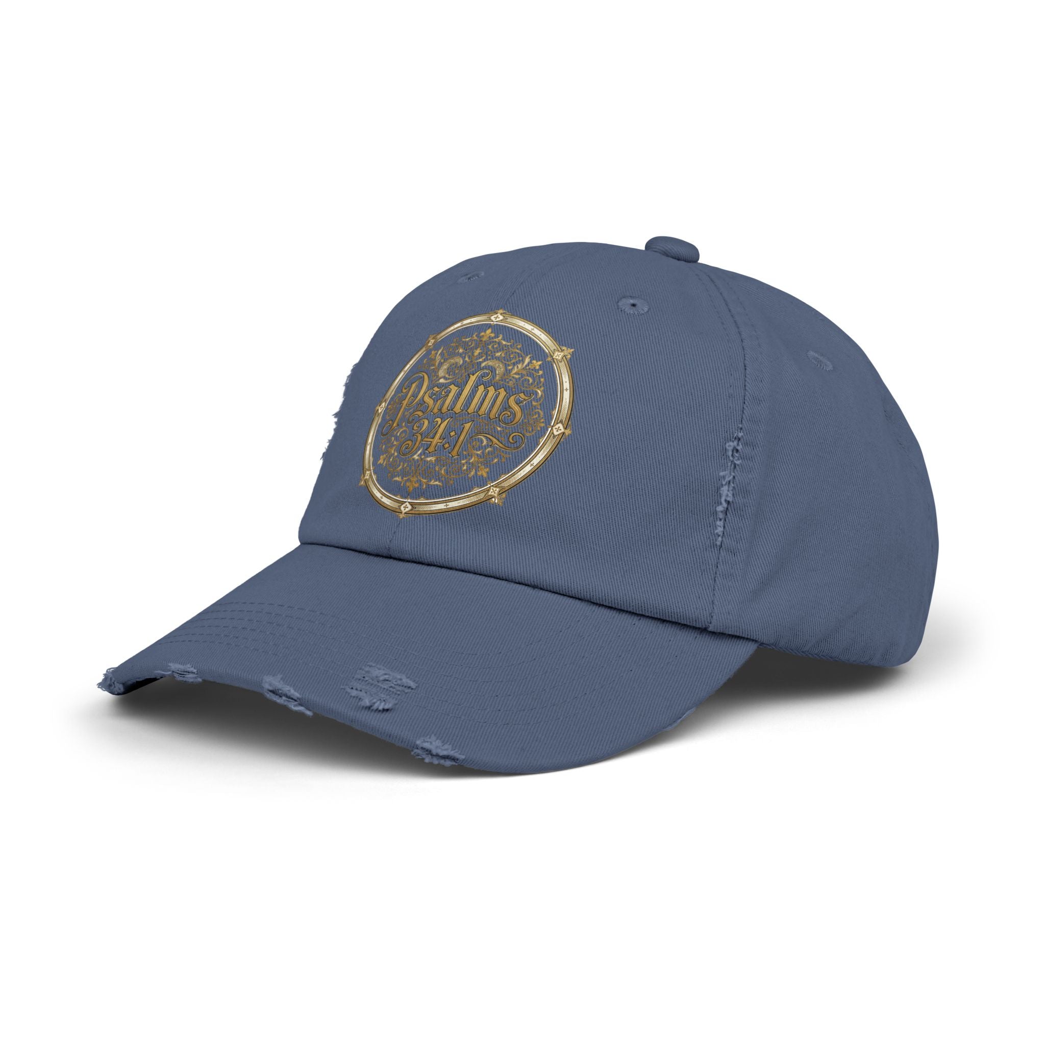 Distressed Black Cap – Psalm 23:1 Vintage Gold Emblem Hat | Faith & Freedom Creations
