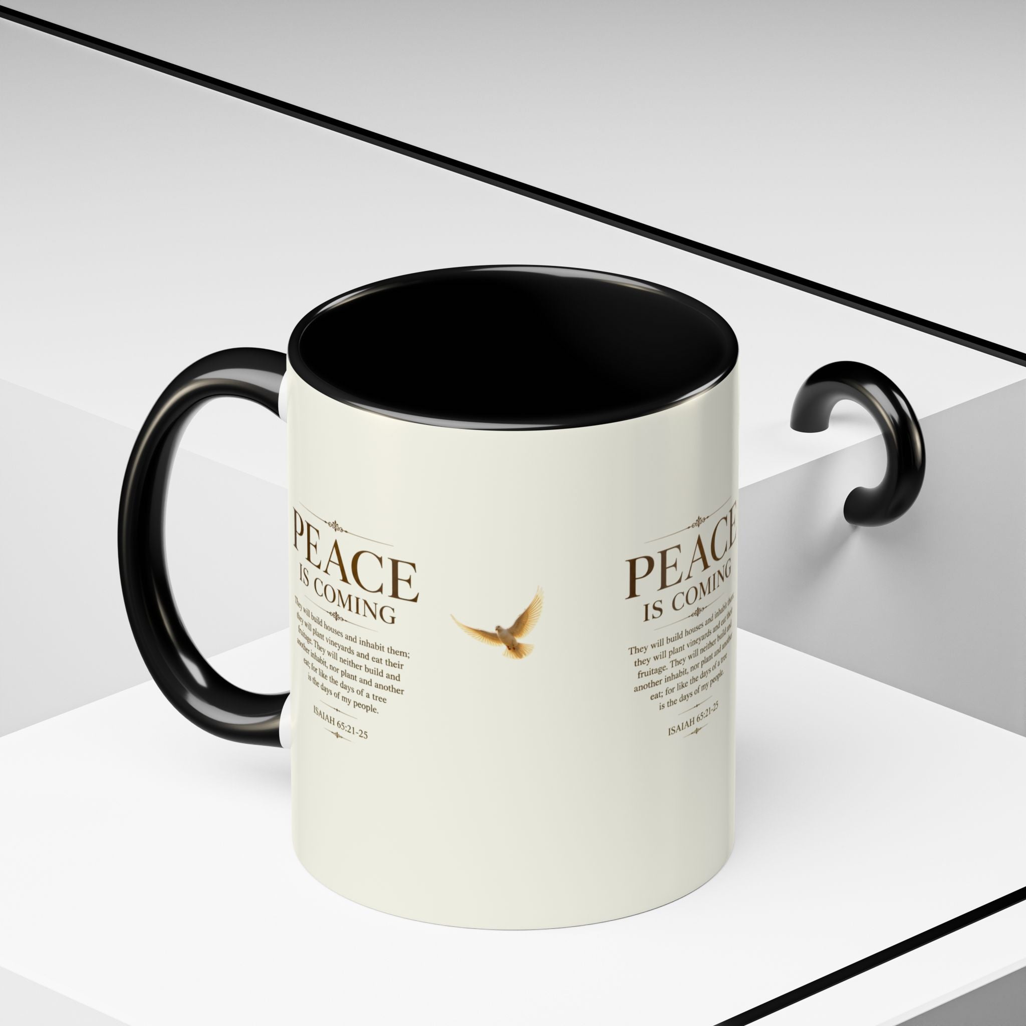 Peace Is Coming Accent Coffee Mug | Isaiah 65:21-25 Christian Mug | Inspirational Faith Gift