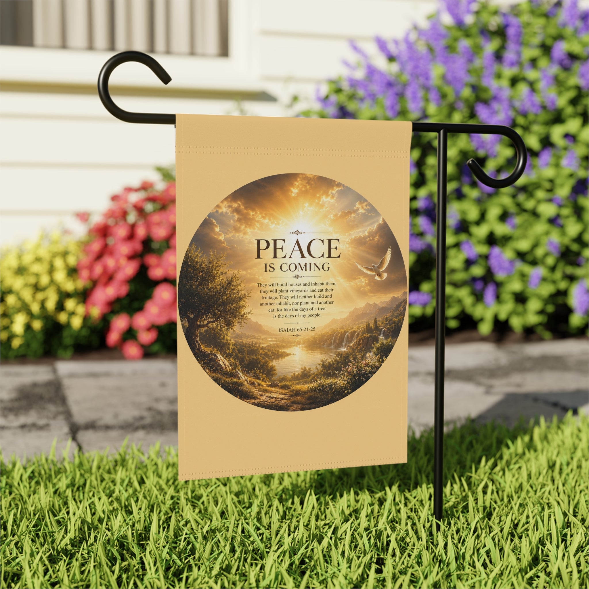 Inspirational Christian garden flag featuring a peaceful valley landscape with glowing sunset light and the phrase “Peace Is Coming” in warm calming tones.