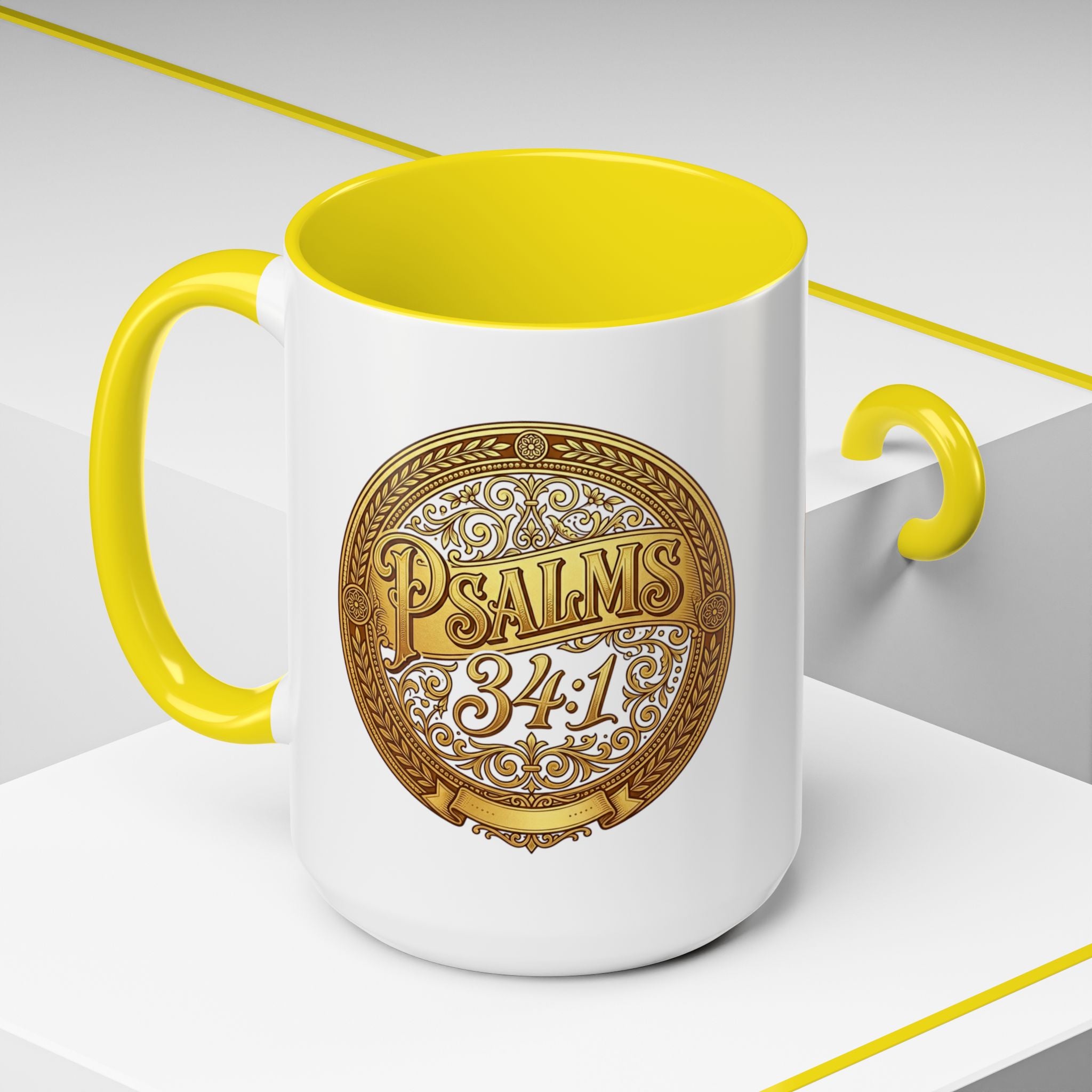 Inspirational Christian ceramic accent coffee mug featuring Psalm 34:1 in an ornate gold medallion design with colorful handle and interior accents.