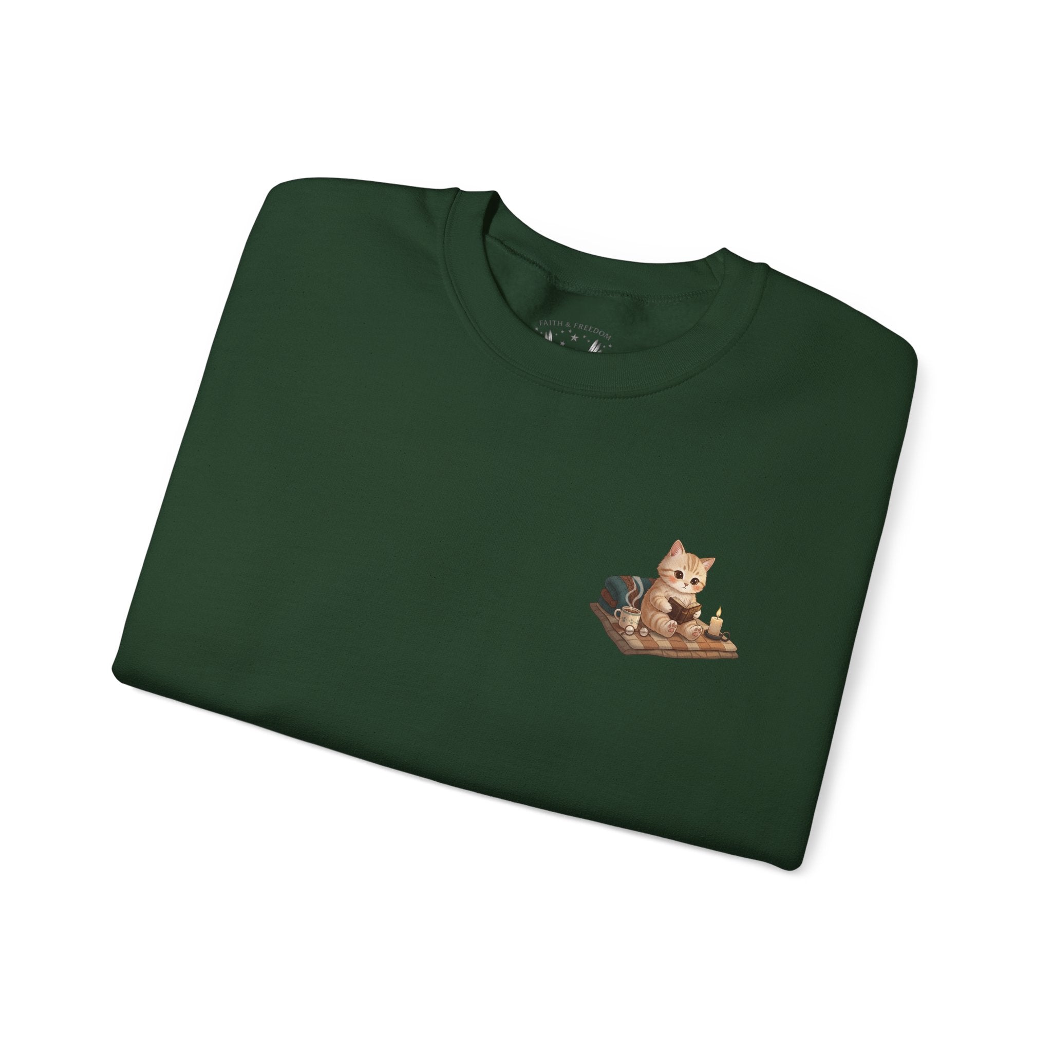 Faith Cozy Cat Crewneck Sweatshirt – Candlelight Cat Faith Sweatshirt | Quiet Comfort Apparel
