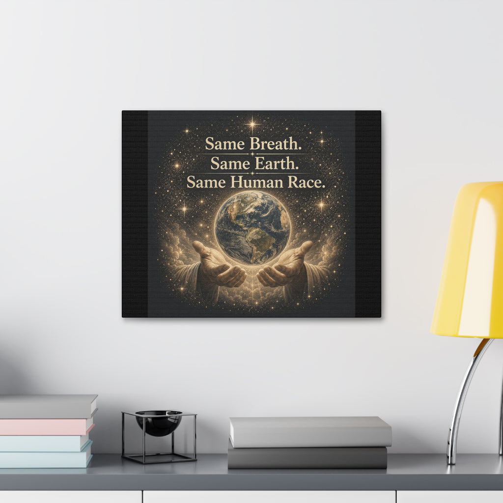 Inspirational canvas wall art featuring the earth held in gentle hands surrounded by glowing stars with the quote “Same Breath. Same Earth. Same Human Race.” in warm golden tones.
