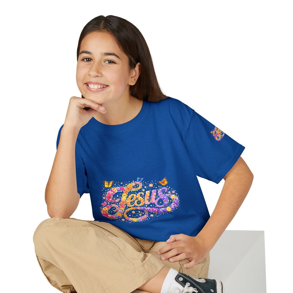 Youth Jesus Floral Butterfly T-Shirt – Christian Kids Faith Tee | Gratitude Sneaker Style Shirt