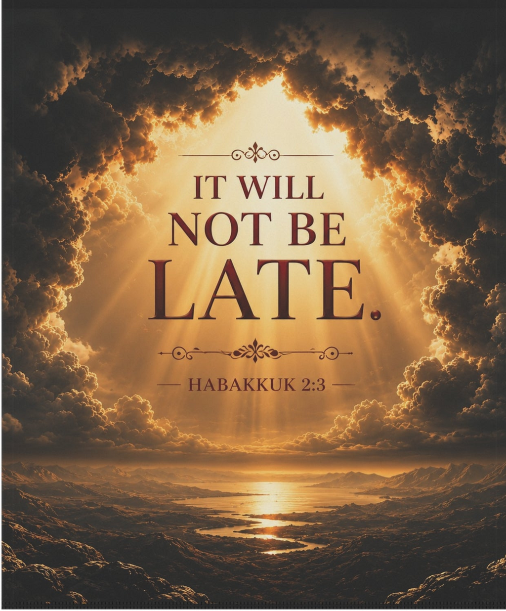 Inspirational garden flag featuring a peaceful sunrise scene with the words “It Will Not Be Late” inspired by Habakkuk 2:3 in warm golden tones.
