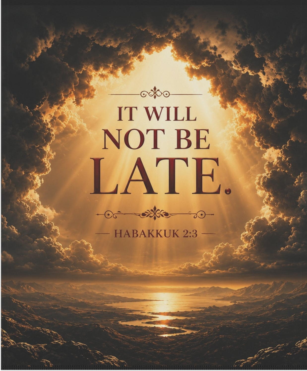 Inspirational garden flag featuring a peaceful sunrise scene with the words “It Will Not Be Late” inspired by Habakkuk 2:3 in warm golden tones.