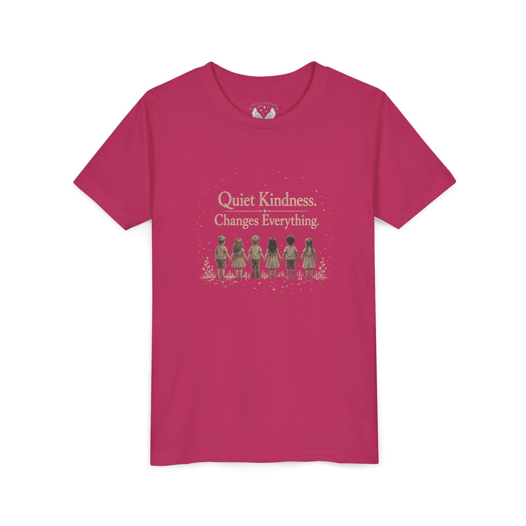 Youth “Quiet Kindness Changes Everything” Tee – Kids Inspirational T-Shirt with Earth & Friends Graphic