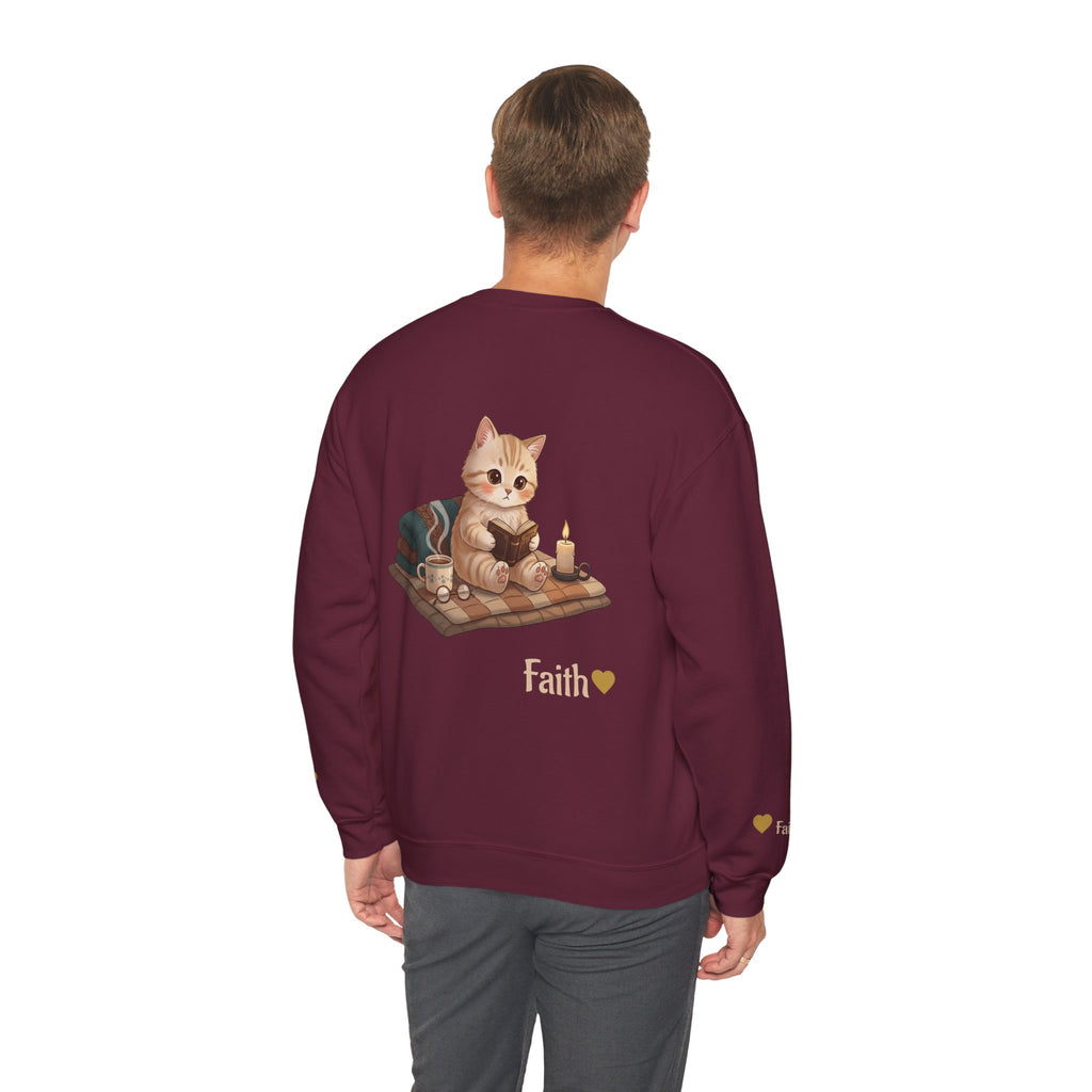 Faith Cozy Cat Crewneck Sweatshirt – Candlelight Cat Faith Sweatshirt | Quiet Comfort Apparel