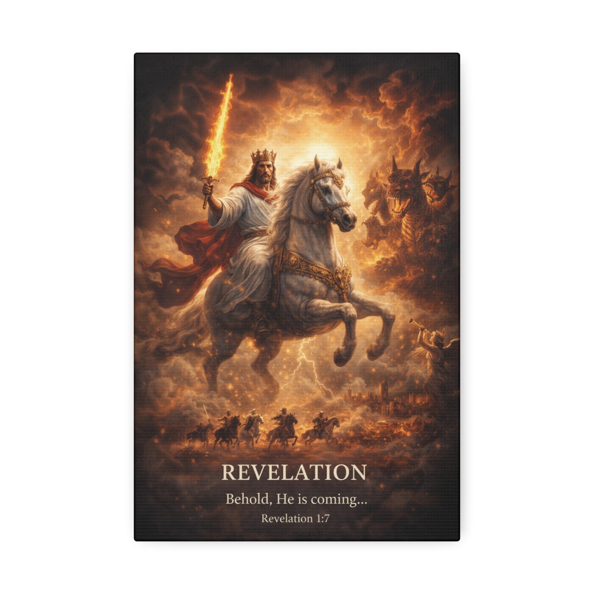 Revelation Canvas Art – “Behold, He Is Coming” Biblical Horseman Wall Decor | Christian Scripture Canvas