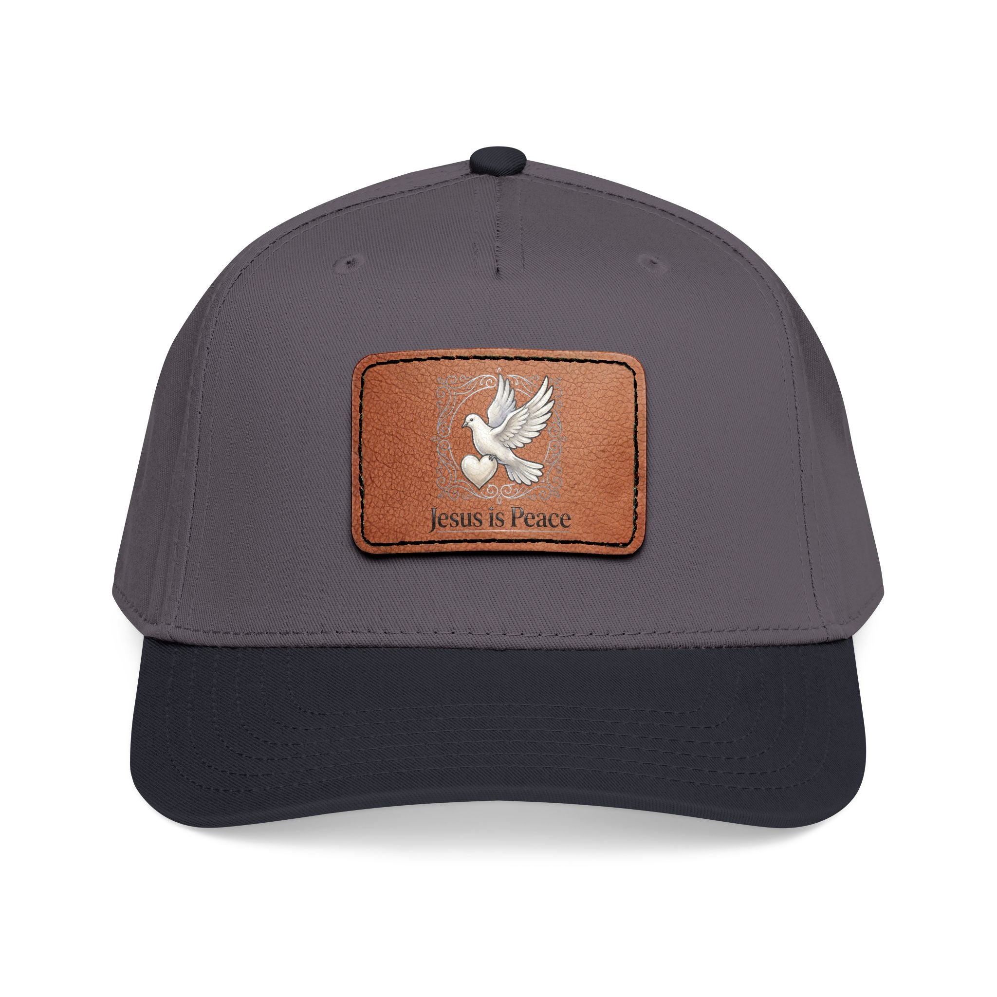 Gray and Black Christian baseball cap featuring a brown leather patch with a white dove carrying a heart and the words "Jesus Is Peace."