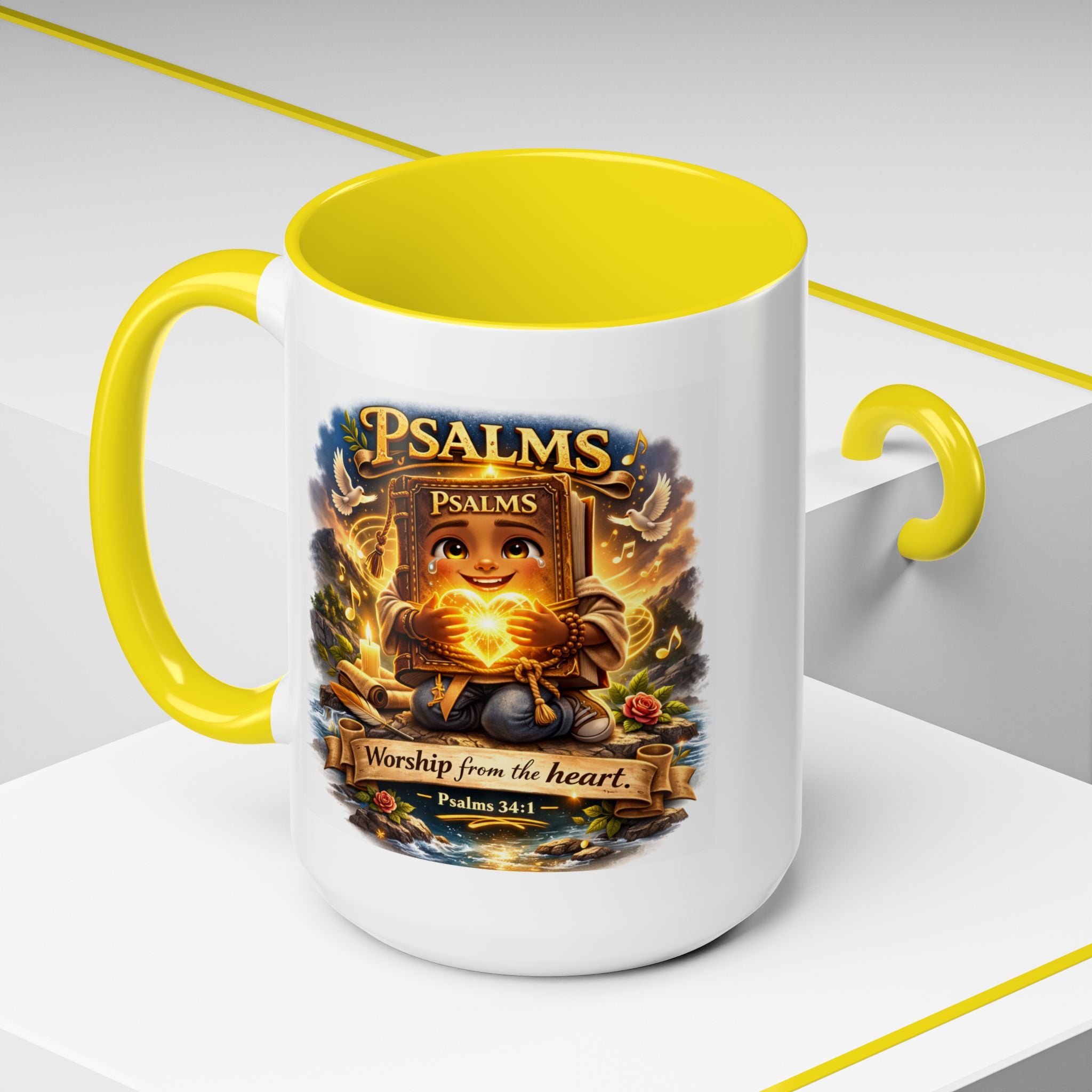 Inspirational Christian ceramic accent coffee mug featuring Psalm 34:1 and the message “Worship From the Heart” with colorful handle and interior accents on a glossy white mug.