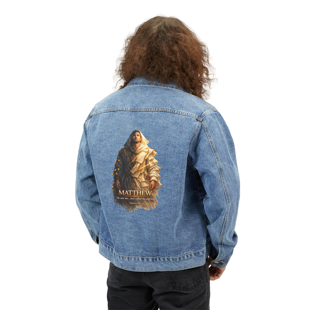 Denim Jacket - "Matthew" Religious Portrait Back Print, Inspirational Christian Outerwear