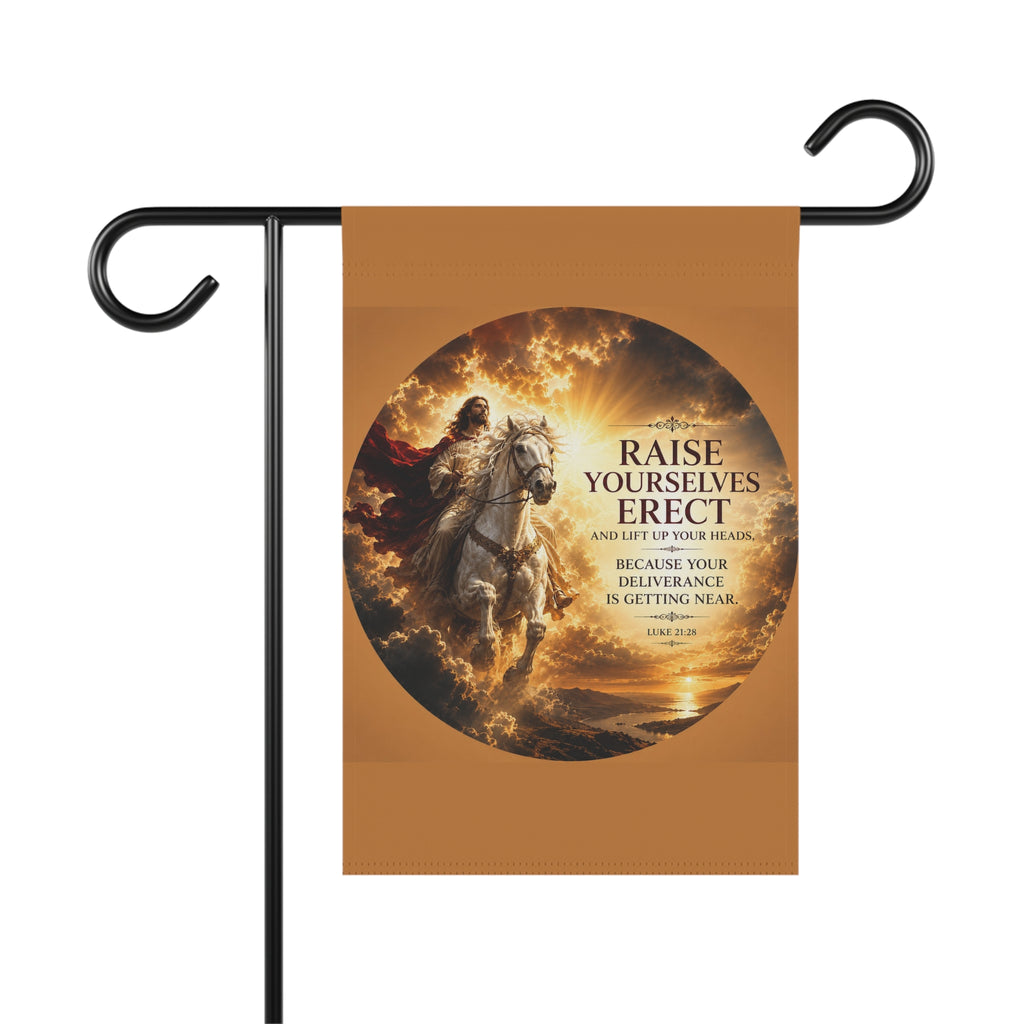 Jesus Rides White Horse Garden Flag | Luke 21:28 Inspirational Outdoor Banner | Christian Garden Decor