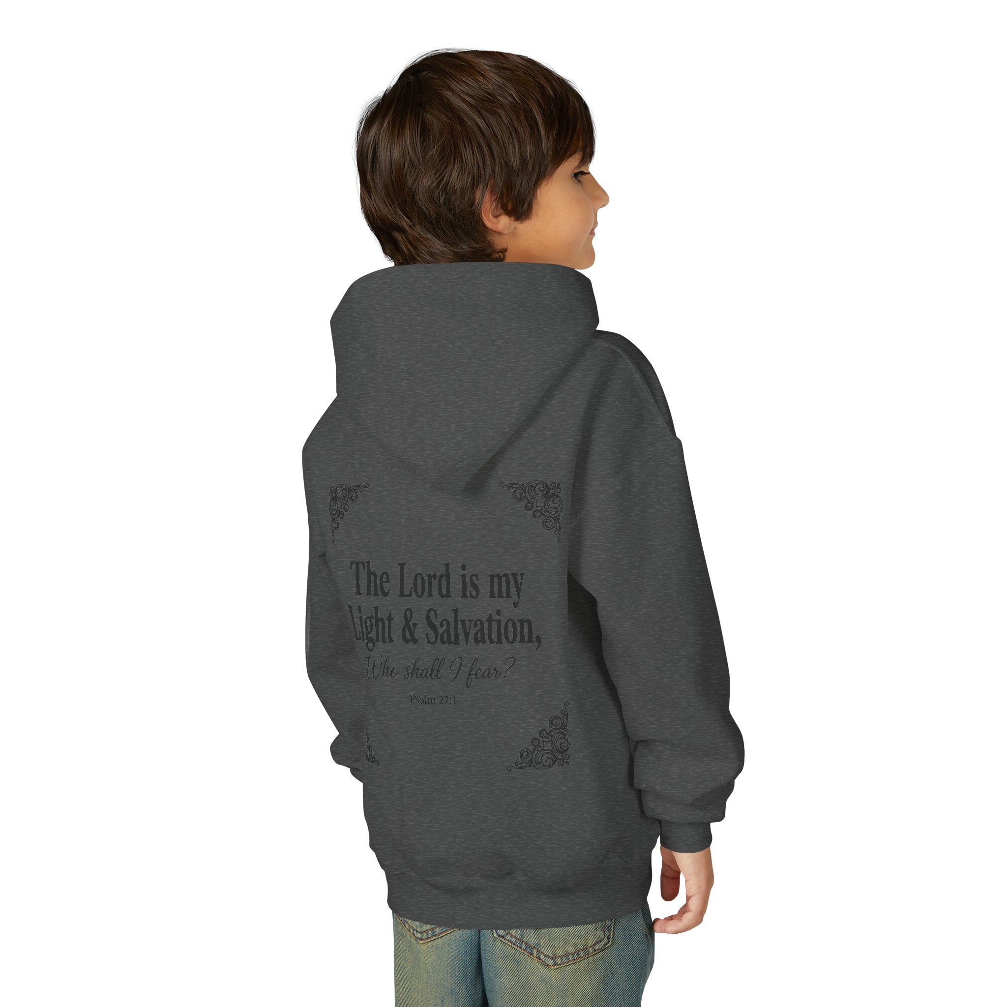 Youth “The Lord is My Light & Salvation” Hoodie – Psalm 27 Christian Kids Sweatshirt