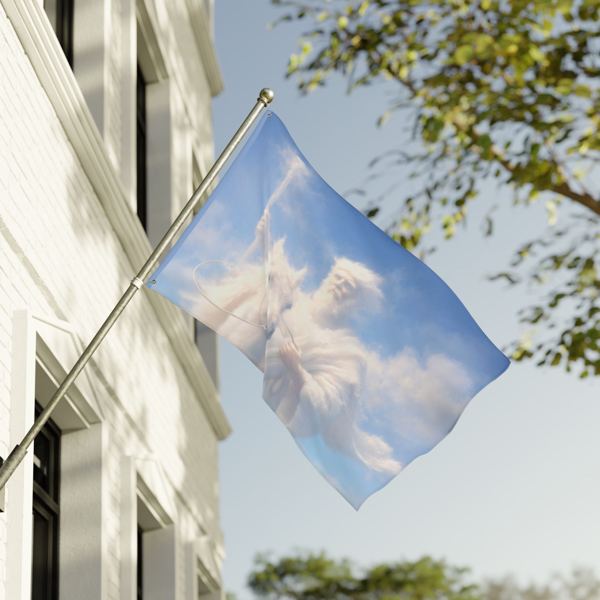 Double-sided Christian outdoor flag featuring Jesus riding on glowing clouds with vibrant heavenly artwork and inspirational faith-centered design.