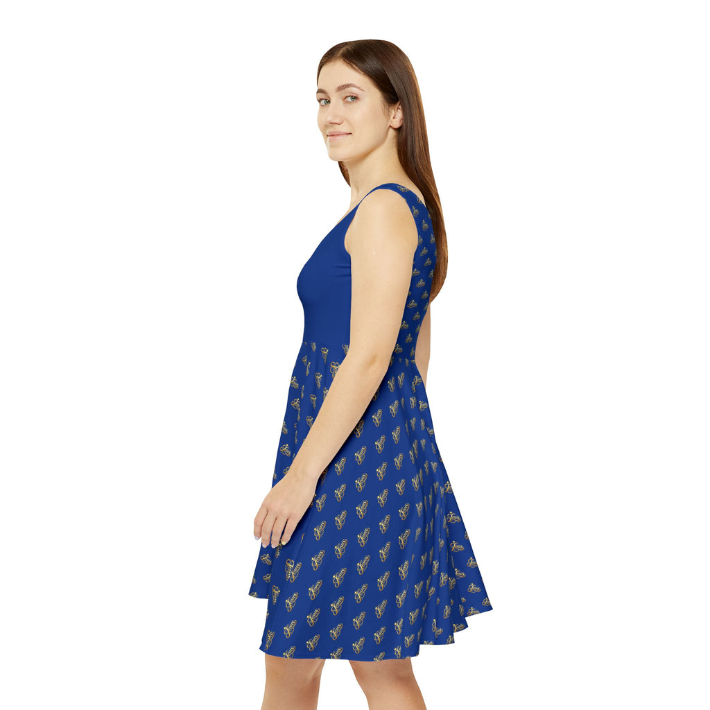Women's Jesus Script Skater Dress – Blue & Gold Christian Faith Dress | Elegant Church & Event Wear