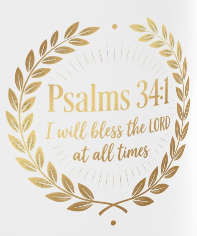 Faithful Blessings Heart Mug | Psalm 34:1 Christian Coffee Mug | Gold Laurel Ceramic Cup