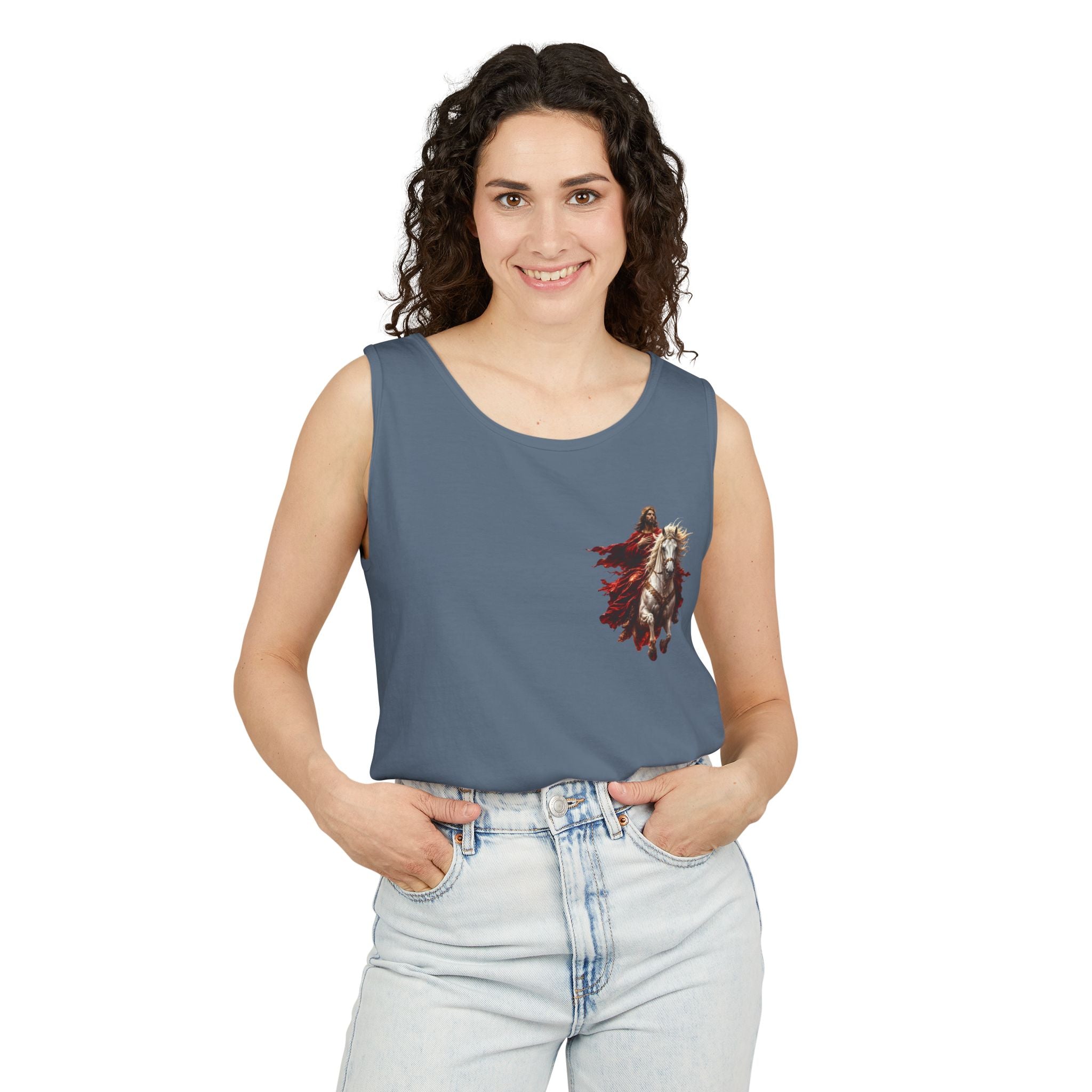 Christian tank top featuring Jesus riding a white horse with inspirational Second Coming artwork on a soft garment-dyed sleeveless shirt.