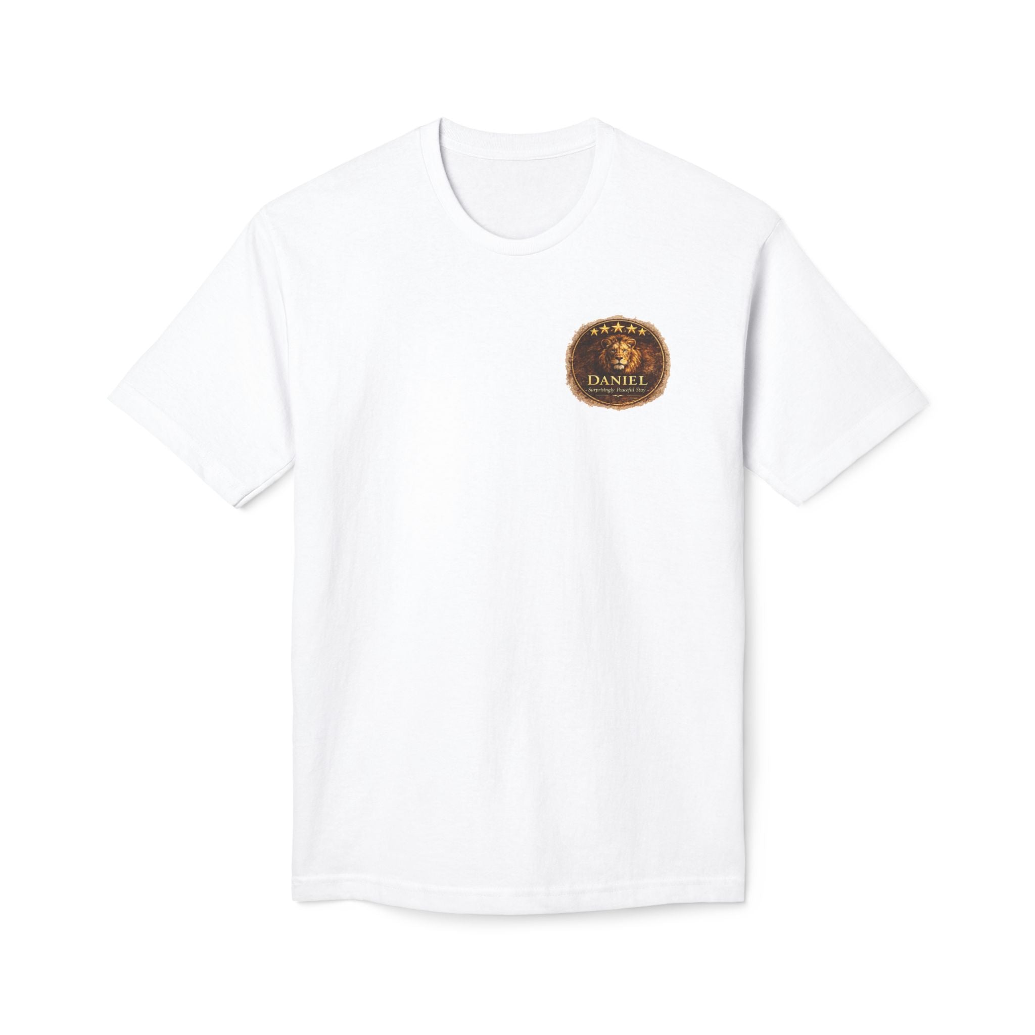 Christian T-shirt featuring Daniel's Lion Den Stay five-star review design with lion artwork celebrating faith, courage, and biblical inspiration.