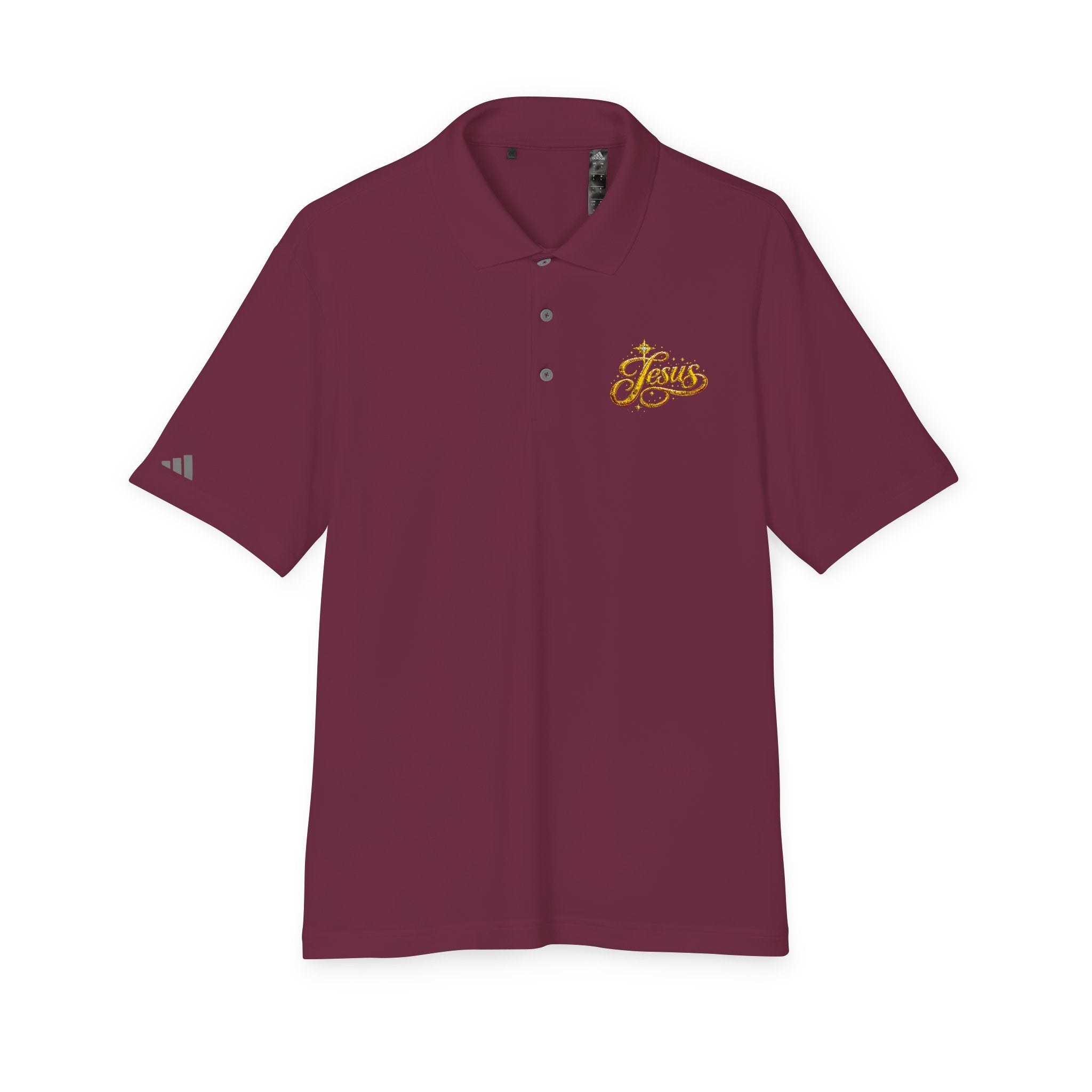 'Jesus' Script Embroidered Polo — Gold Faith Golf Shirt