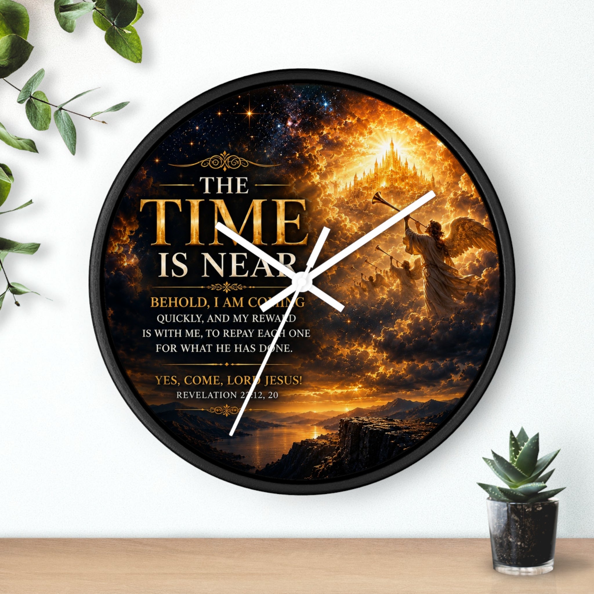 Inspirational Christian wall clock featuring fiery skies, a radiant heavenly city, and Revelation 22:12-20 scripture artwork with “The Time Is Near” message.