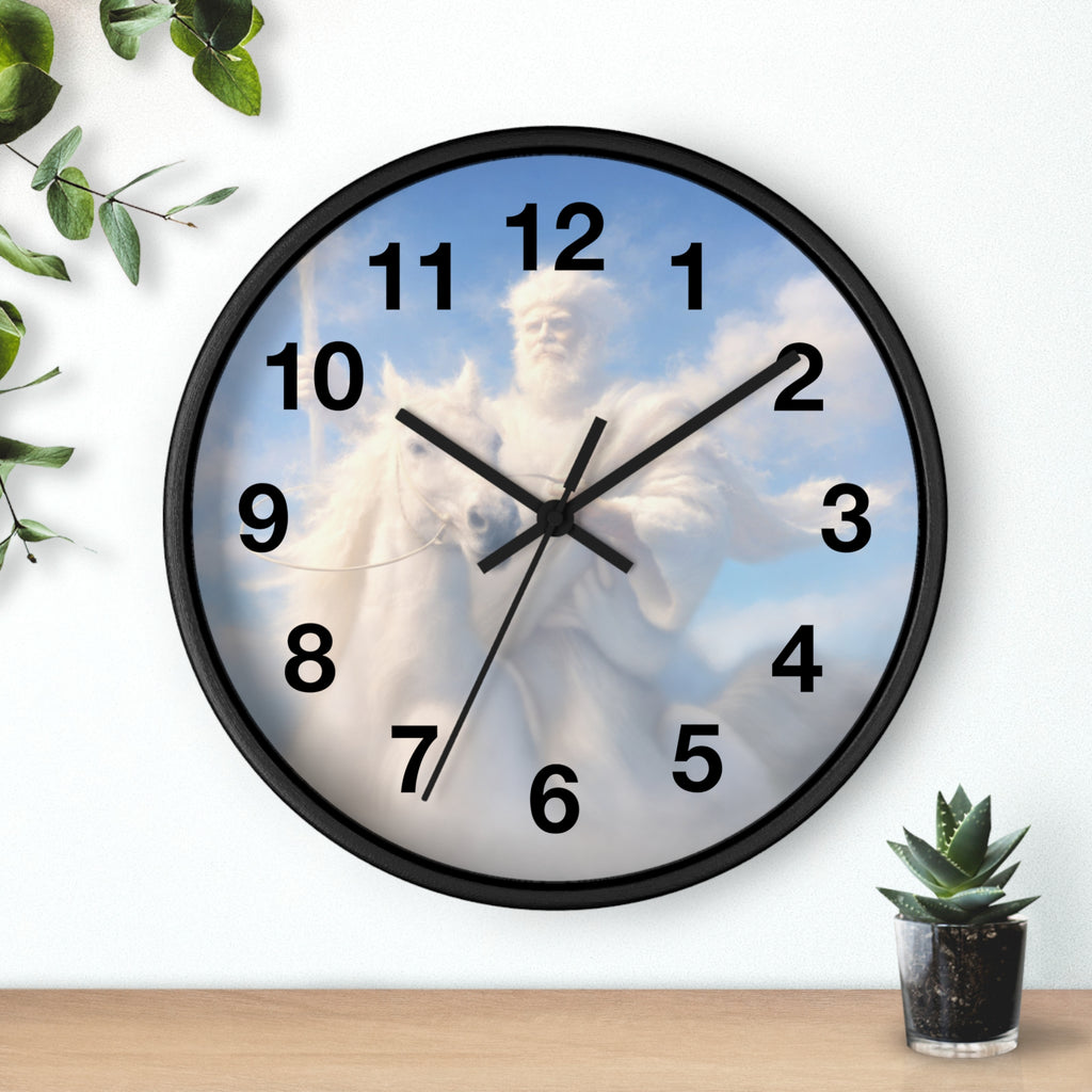 Inspirational Christian wall clock featuring Jesus riding through glowing clouds with classical devotional sky artwork and warm heavenly tones.