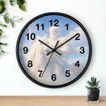 Inspirational Christian wall clock featuring Jesus riding through glowing clouds with classical devotional sky artwork and warm heavenly tones.