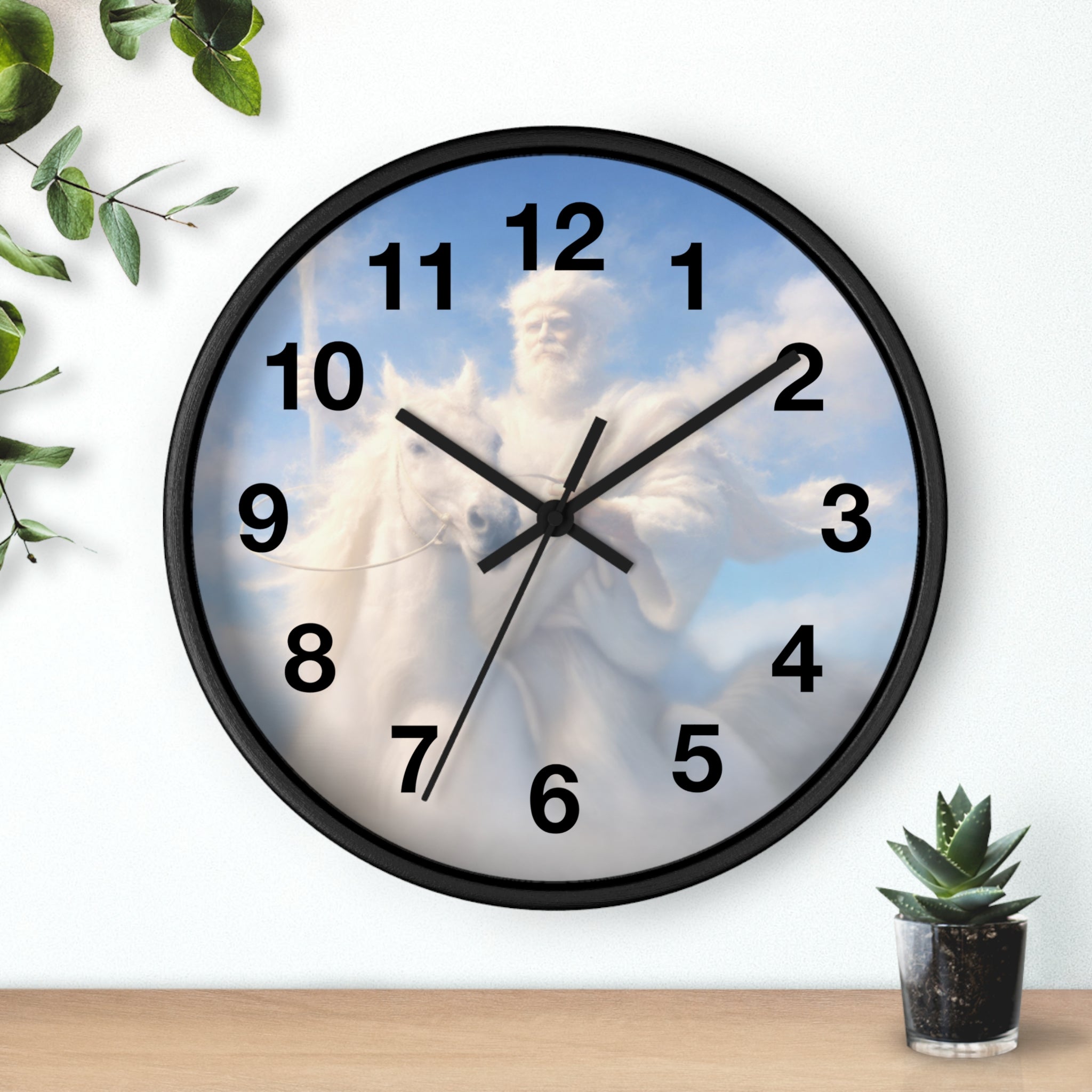 Inspirational Christian wall clock featuring Jesus riding through glowing clouds with classical devotional sky artwork and warm heavenly tones.