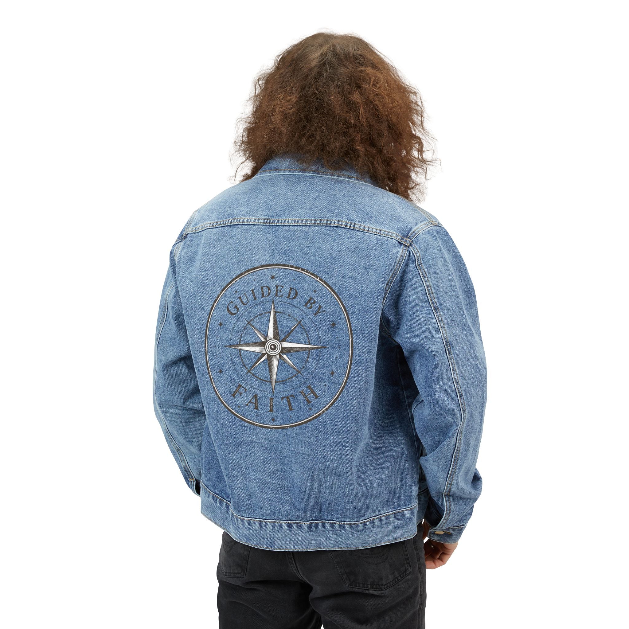 Embroidered Compass Denim Jacket — "Guided by Faith" Trucker Jacket