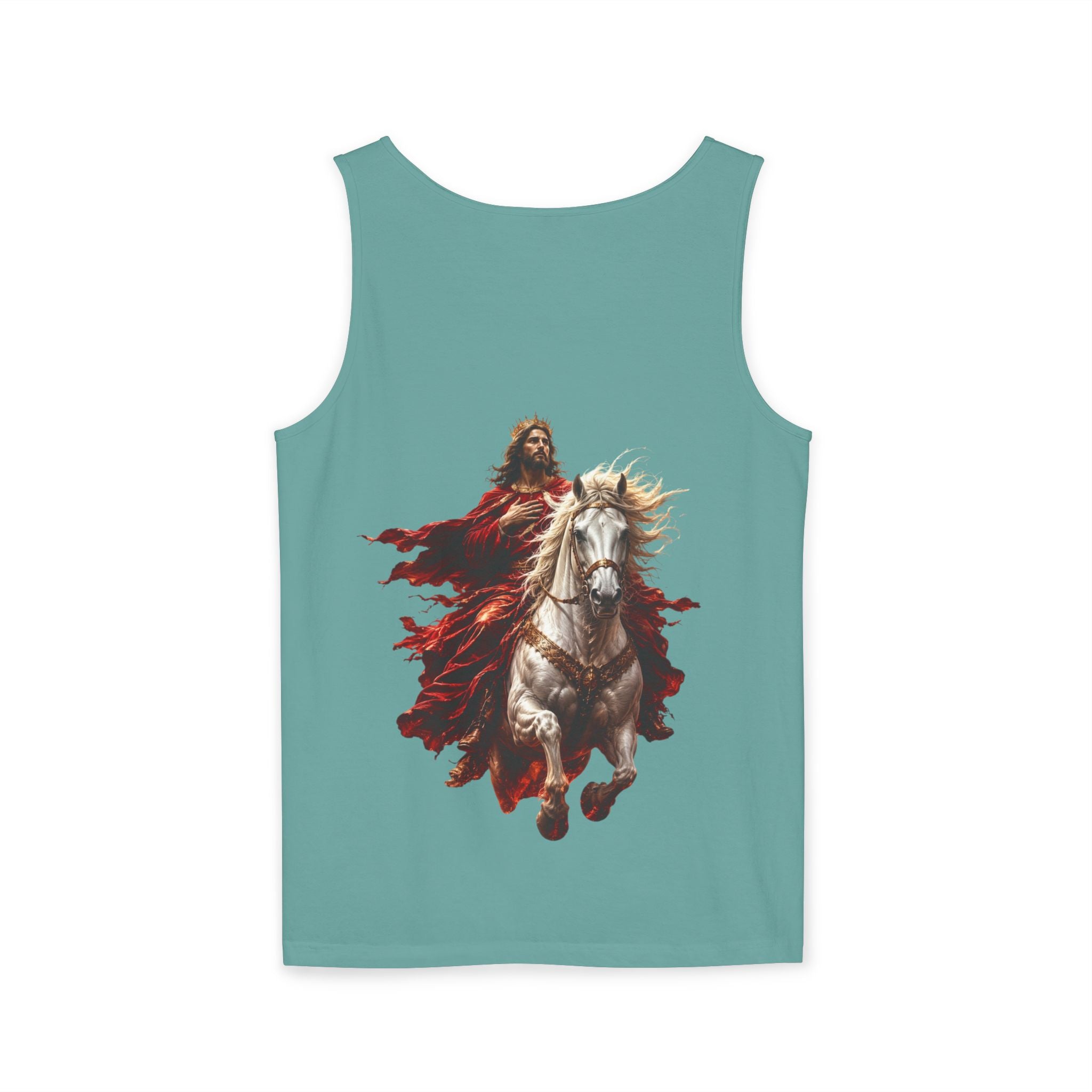 Christian tank top featuring Jesus riding a white horse with inspirational Second Coming artwork on a soft garment-dyed sleeveless shirt.