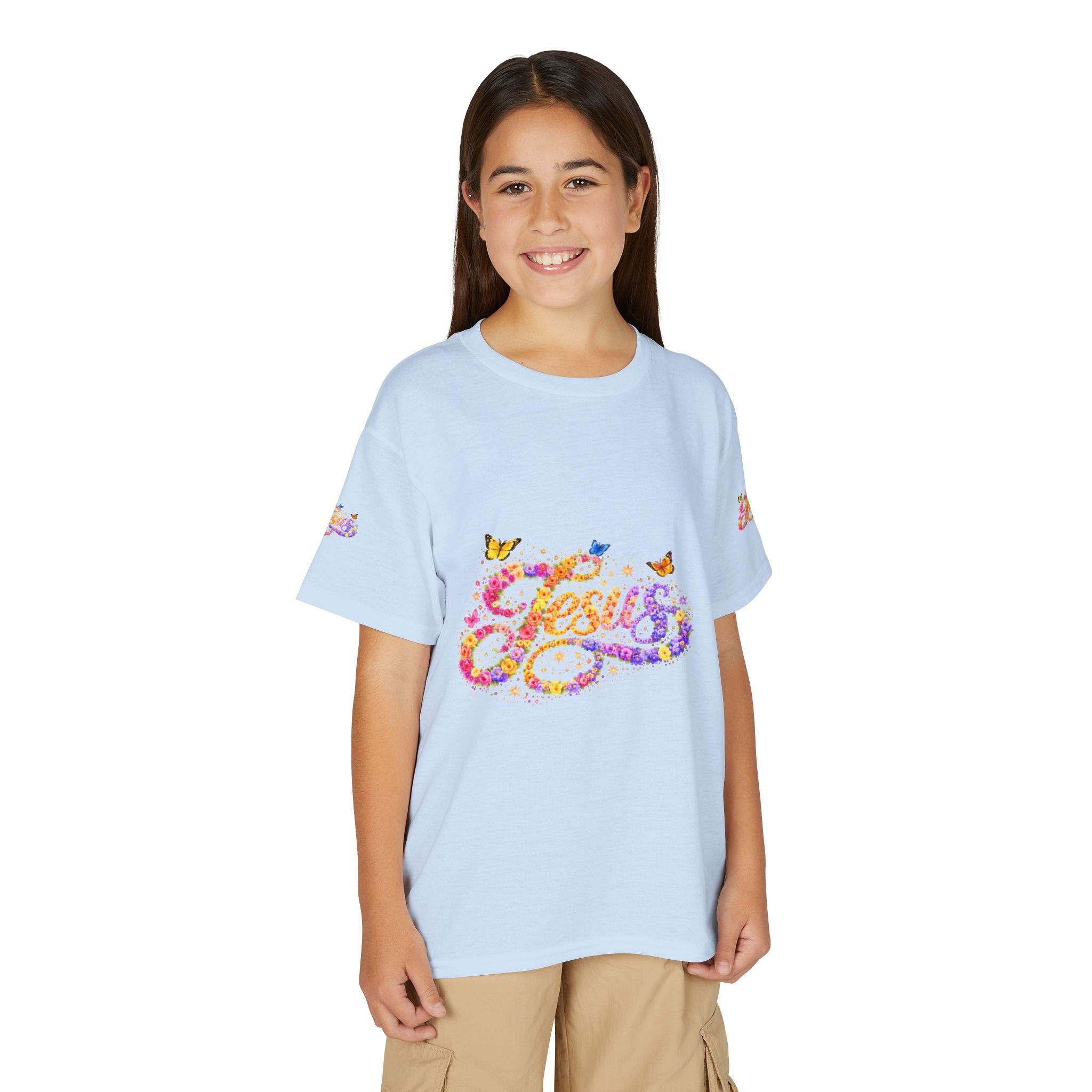 Youth Jesus Floral Butterfly T-Shirt – Christian Kids Faith Tee | Gratitude Sneaker Style Shirt
