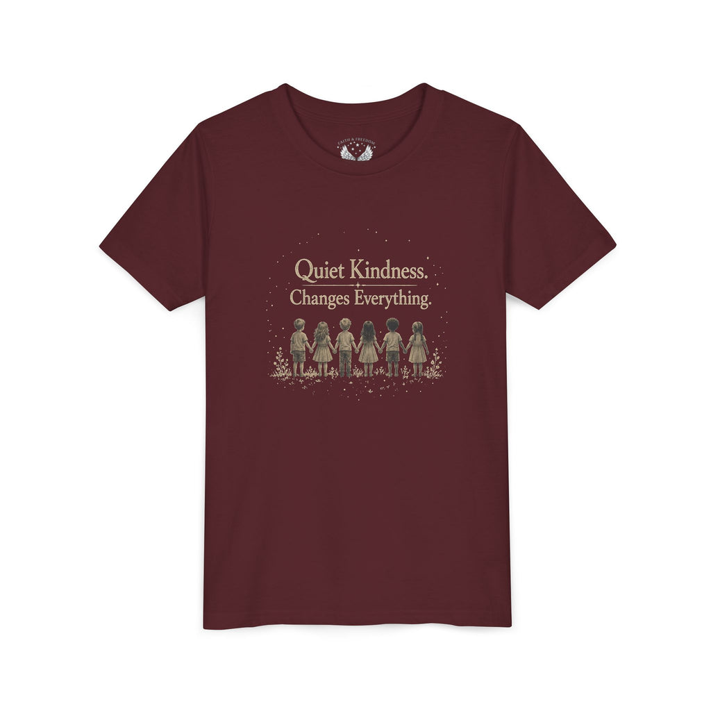 Youth “Quiet Kindness Changes Everything” Tee – Kids Inspirational T-Shirt with Earth & Friends Graphic