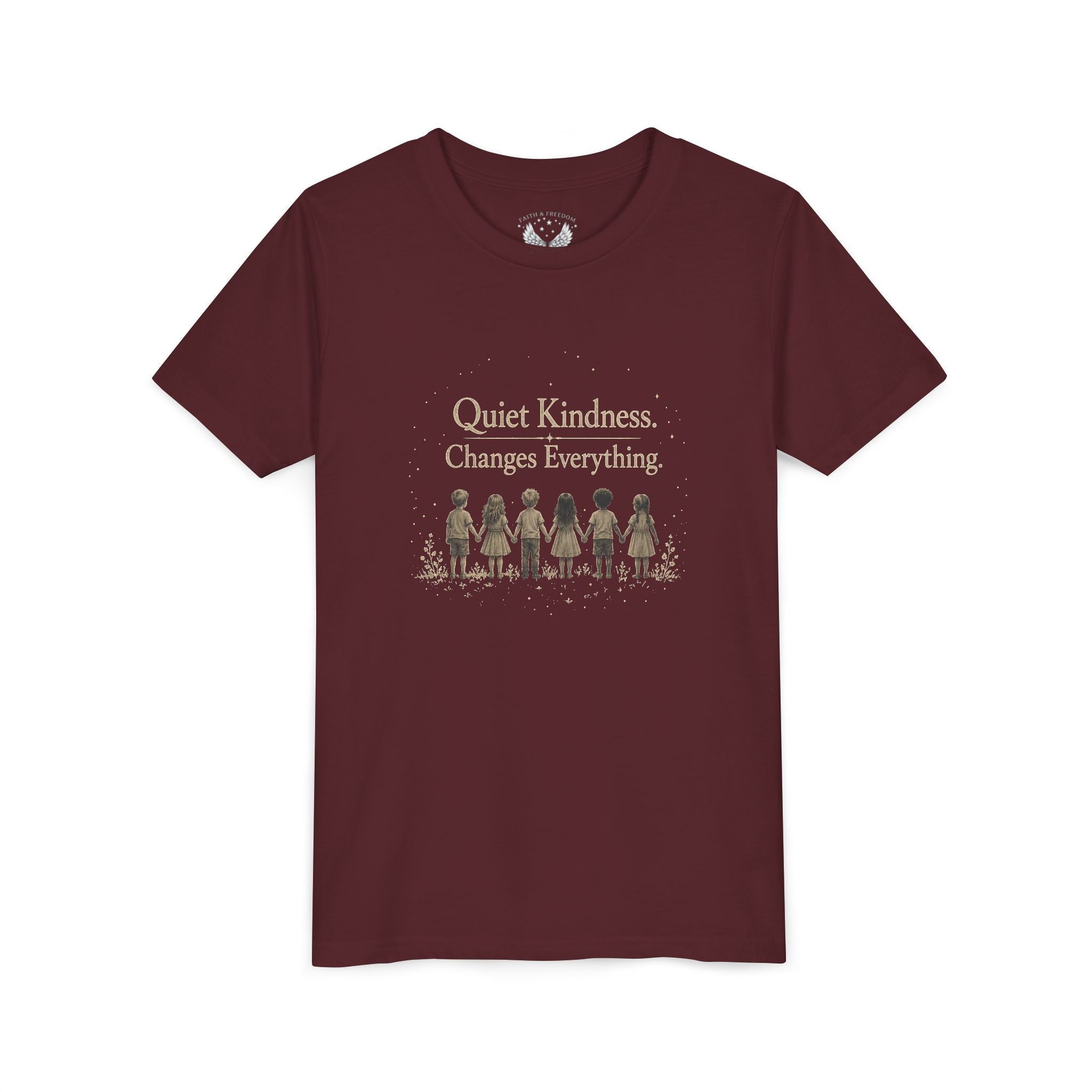 Youth “Quiet Kindness Changes Everything” Tee – Kids Inspirational T-Shirt with Earth & Friends Graphic