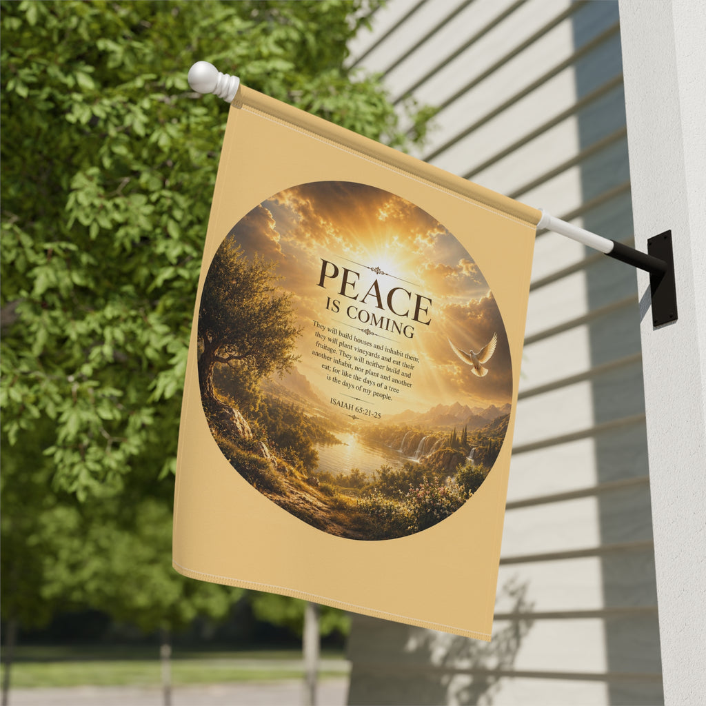 Inspirational Christian garden flag featuring a peaceful valley landscape with glowing sunset light and the phrase “Peace Is Coming” in warm calming tones.