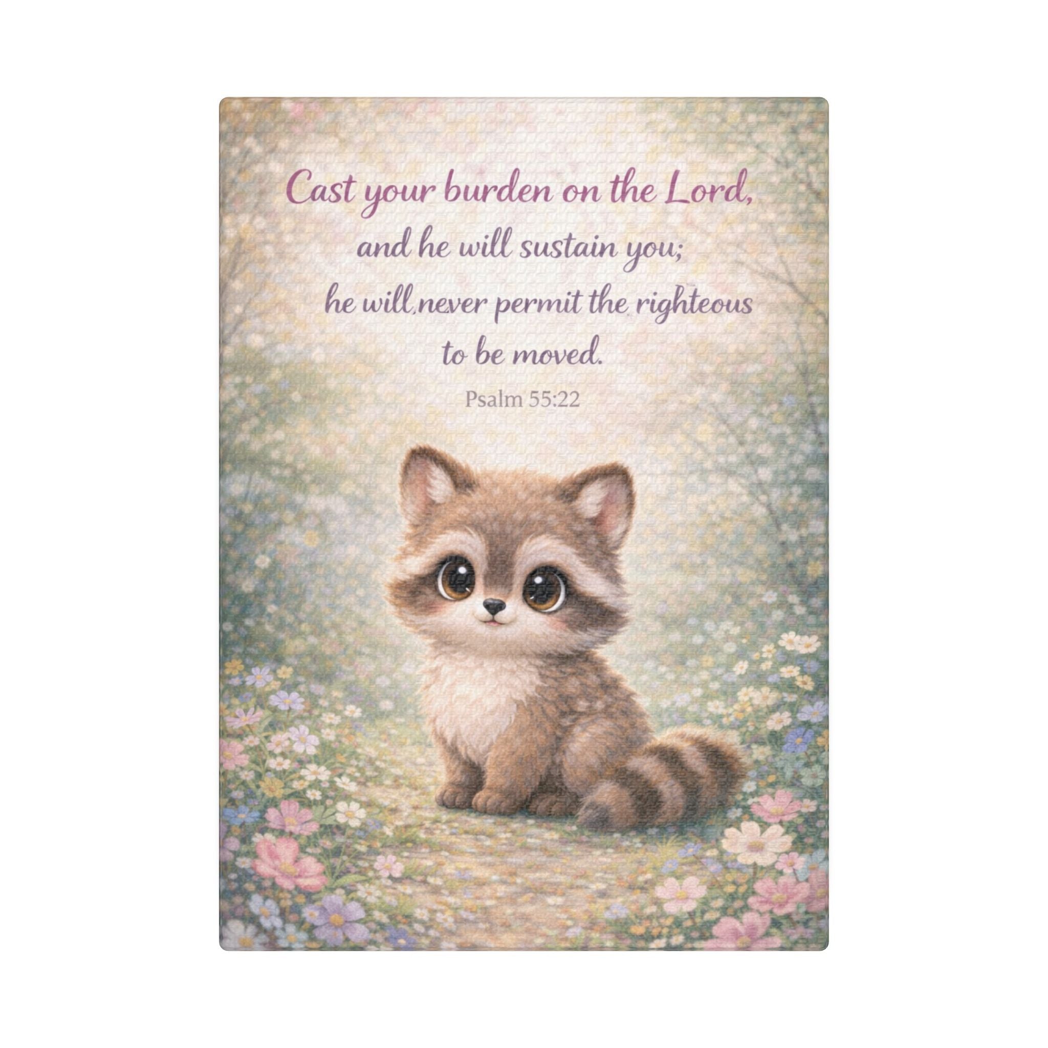 Scripture Woodland Animals – Raccoon – Psalm 55:22 Canvas Print