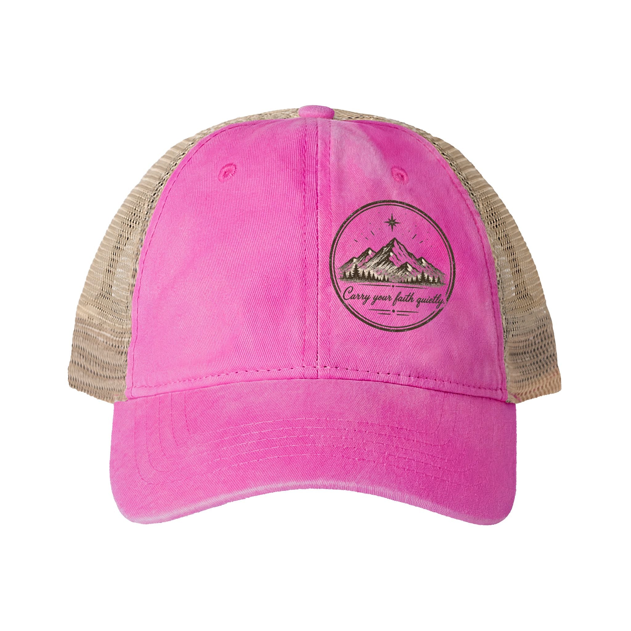 Women’s washed mesh-back Christian cap featuring the phrase “Carry Your Faith Quietly” with vintage styling and concealed ponytail opening.