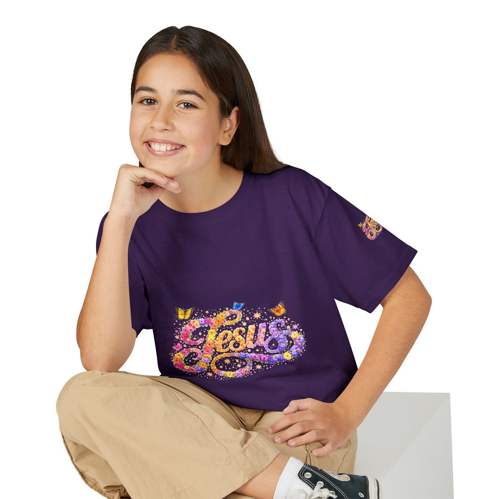 Youth Jesus Floral Butterfly T-Shirt – Christian Kids Faith Tee | Gratitude Sneaker Style Shirt