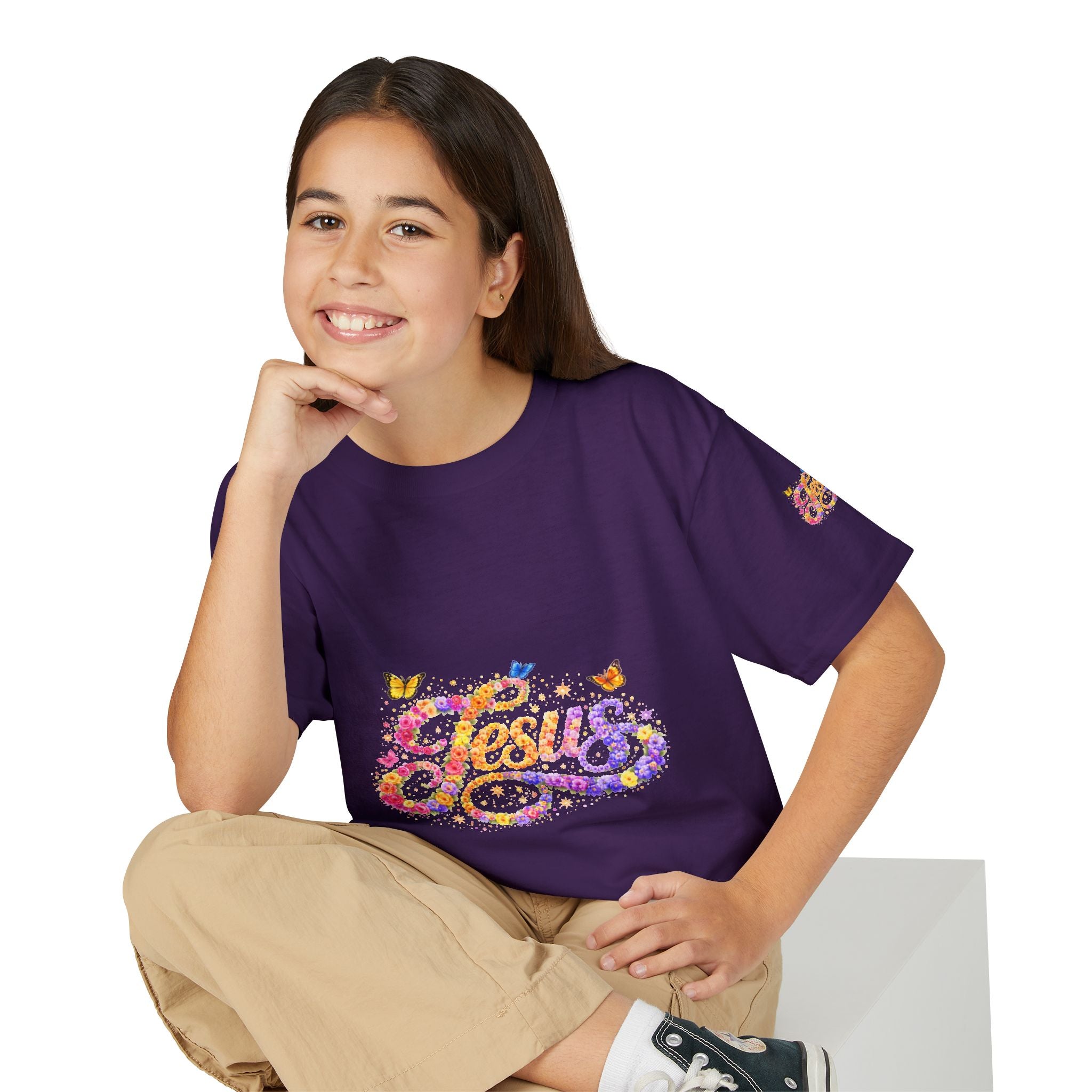 Youth Jesus Floral Butterfly T-Shirt – Christian Kids Faith Tee | Gratitude Sneaker Style Shirt