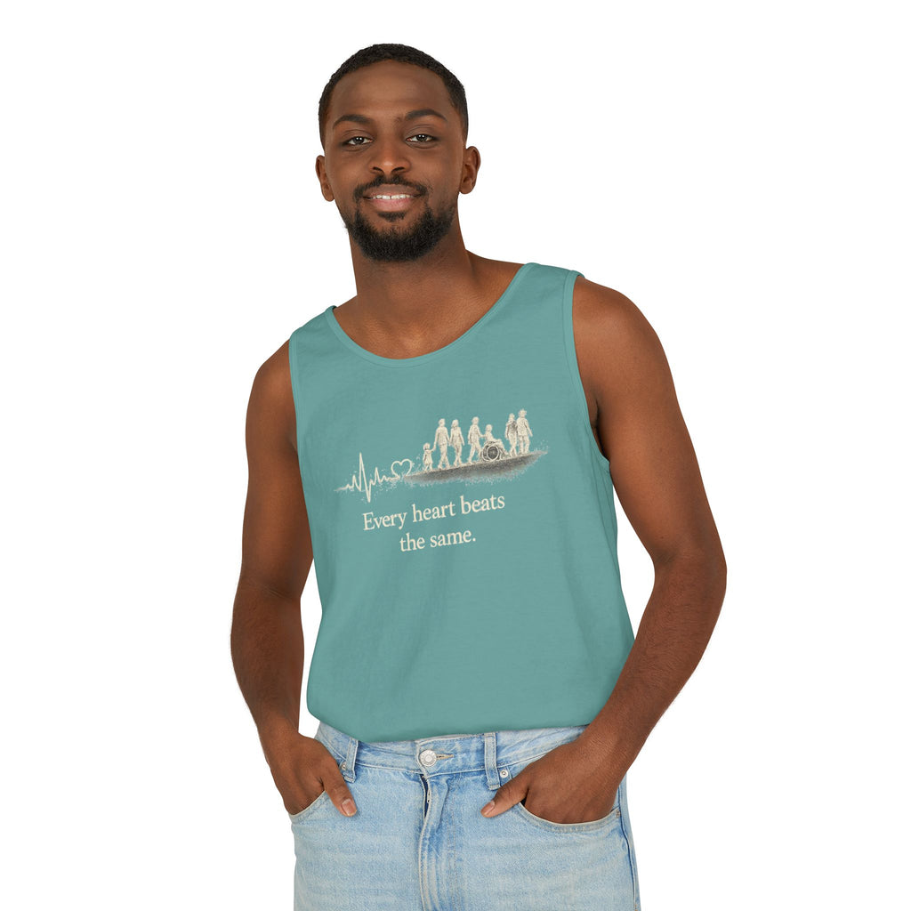 “Every Heart Beats the Same” Vintage Surf Tank Top – Garment-Dyed Coastal Unity Tank