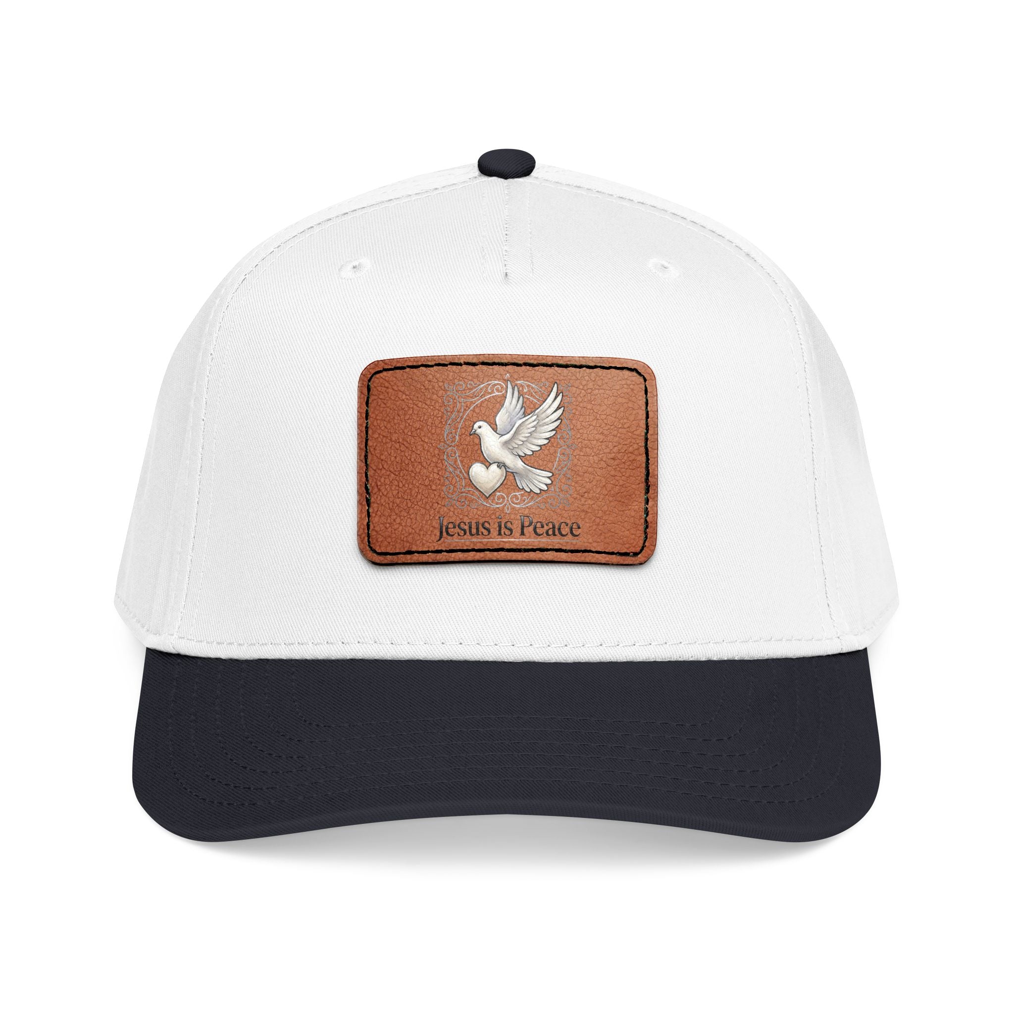 White and Maroon Christian baseball cap featuring a brown leather patch with a white dove carrying a heart and the words "Jesus Is Peace."