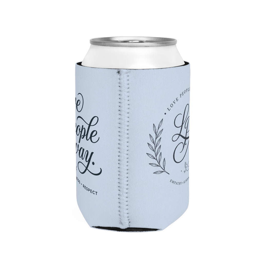 Sky-blue neoprene can cooler featuring elegant "Love People Anyway" script on one side and an LPA monogram on the reverse, designed to fit standard 12 oz beverage cans.