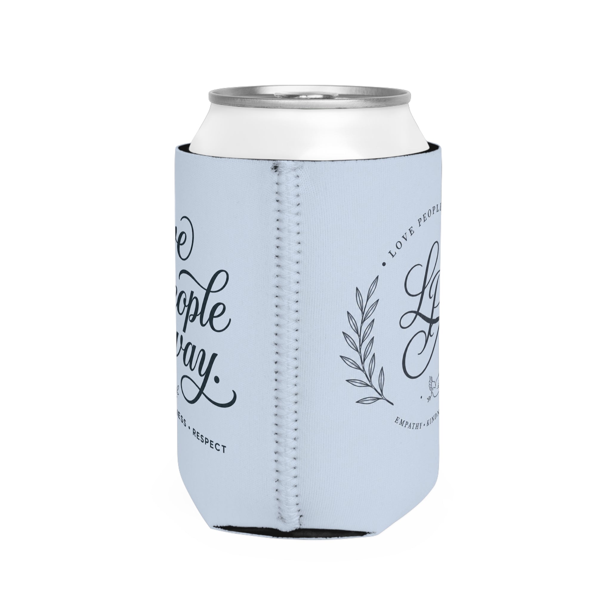 Sky-blue neoprene can cooler featuring elegant "Love People Anyway" script on one side and an LPA monogram on the reverse, designed to fit standard 12 oz beverage cans.