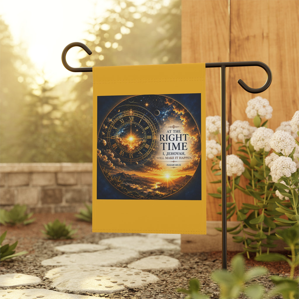 At the Right Time Garden Flag | Inspirational Bible Verse Banner | Celestial Sunrise Outdoor Decor