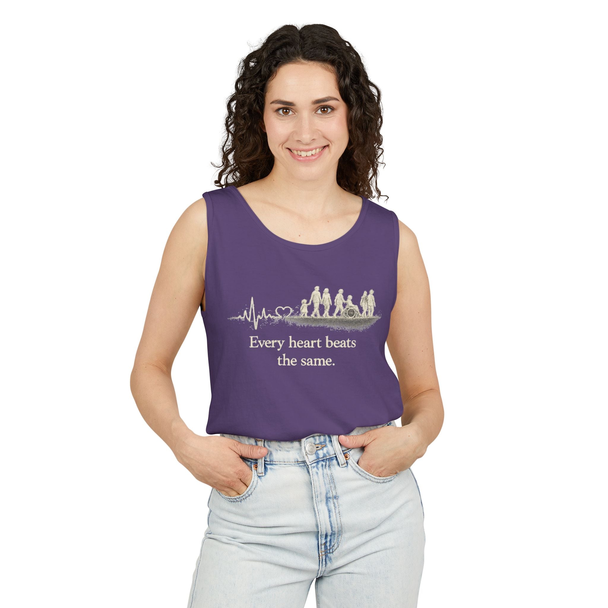 “Every Heart Beats the Same” Vintage Surf Tank Top – Garment-Dyed Coastal Unity Tank